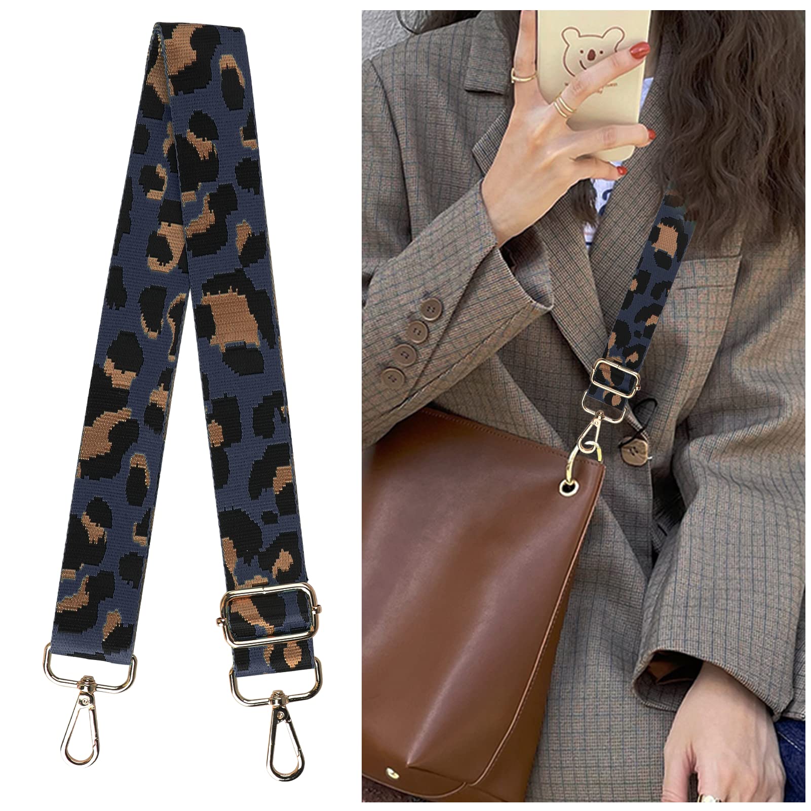 MSKSLeopard Print Replacement Bag Straps, Wide Adjustable Cross Body Bag Straps, Bag Straps with Clips for Women Girls Messenger Bag Use (Dark Blue)