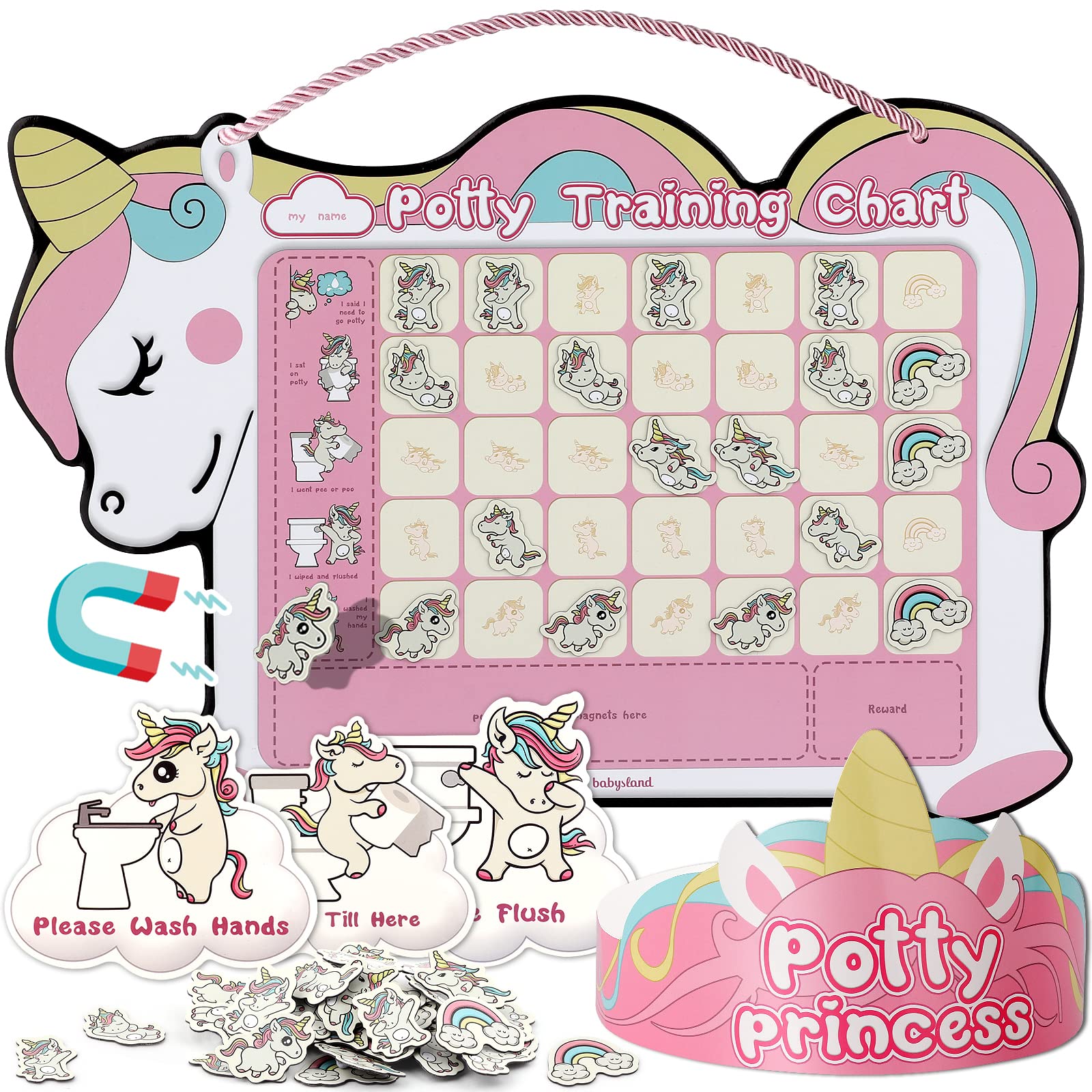 Potty Training Chart for Toddler Girls with 35 Reusable Magnetic Stickers - Unicorn Design Sticker Chart for Kids Potty Training Reward, 3 Instruction Steps & Crown (Unicorn Theme)