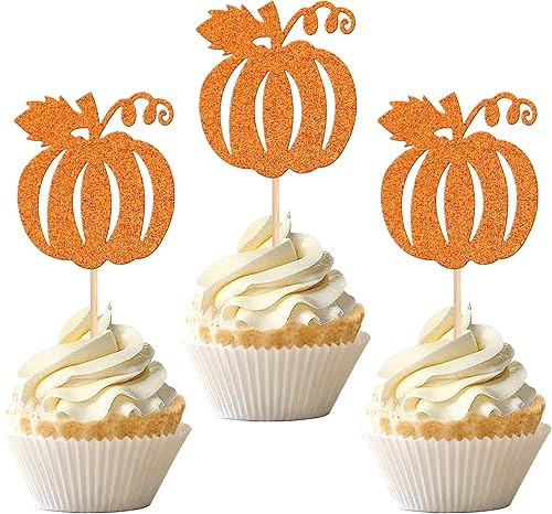 30 piezas de adornos de calabaza para cupcakes con purpurina temática de otoño para cosecha temática de calabaza, baby shower, niños, cumpleaños,