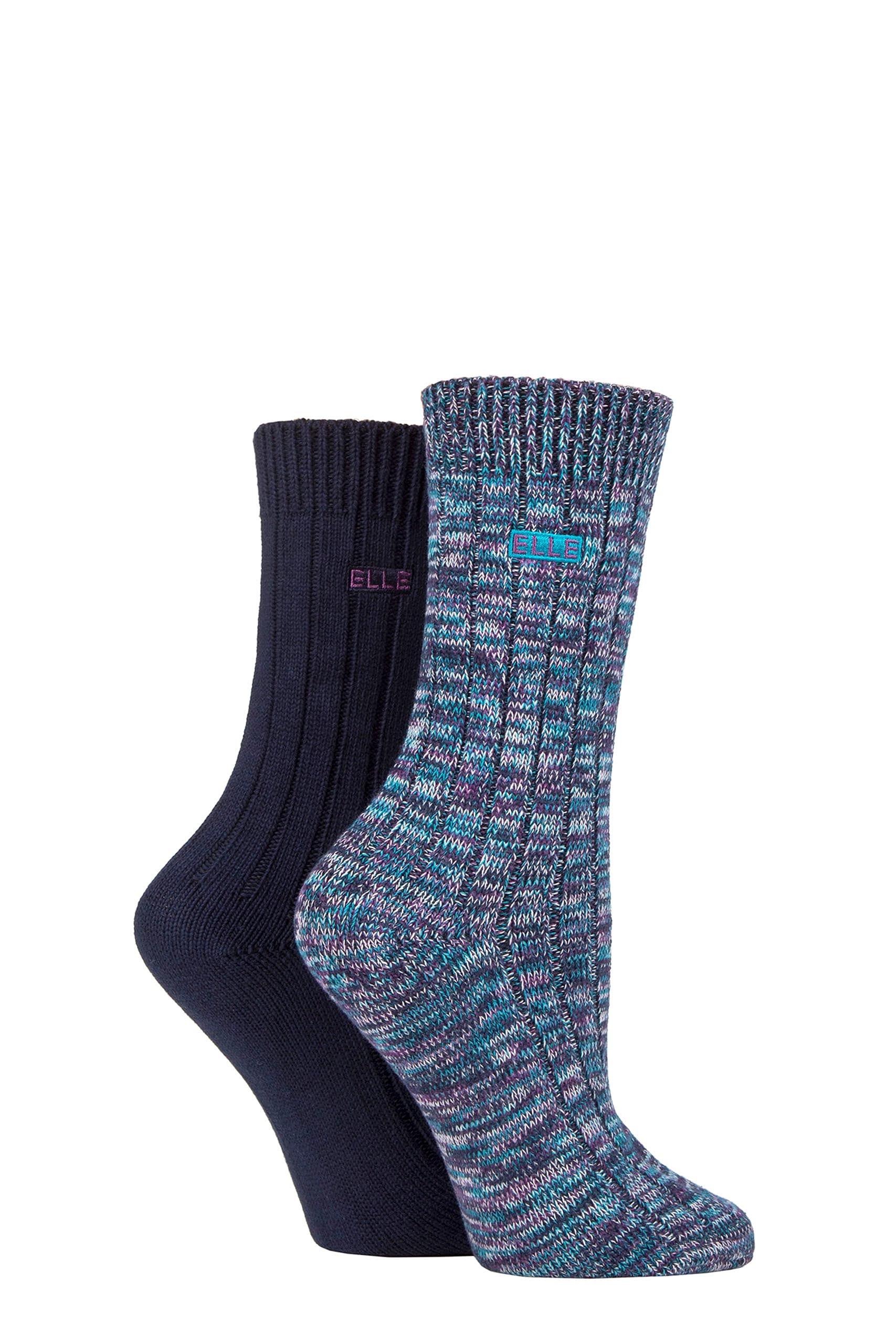 Elle Women's Navy 2 Pair Chunky Cotton Ribbed Boot Socks In | Size: 4/8