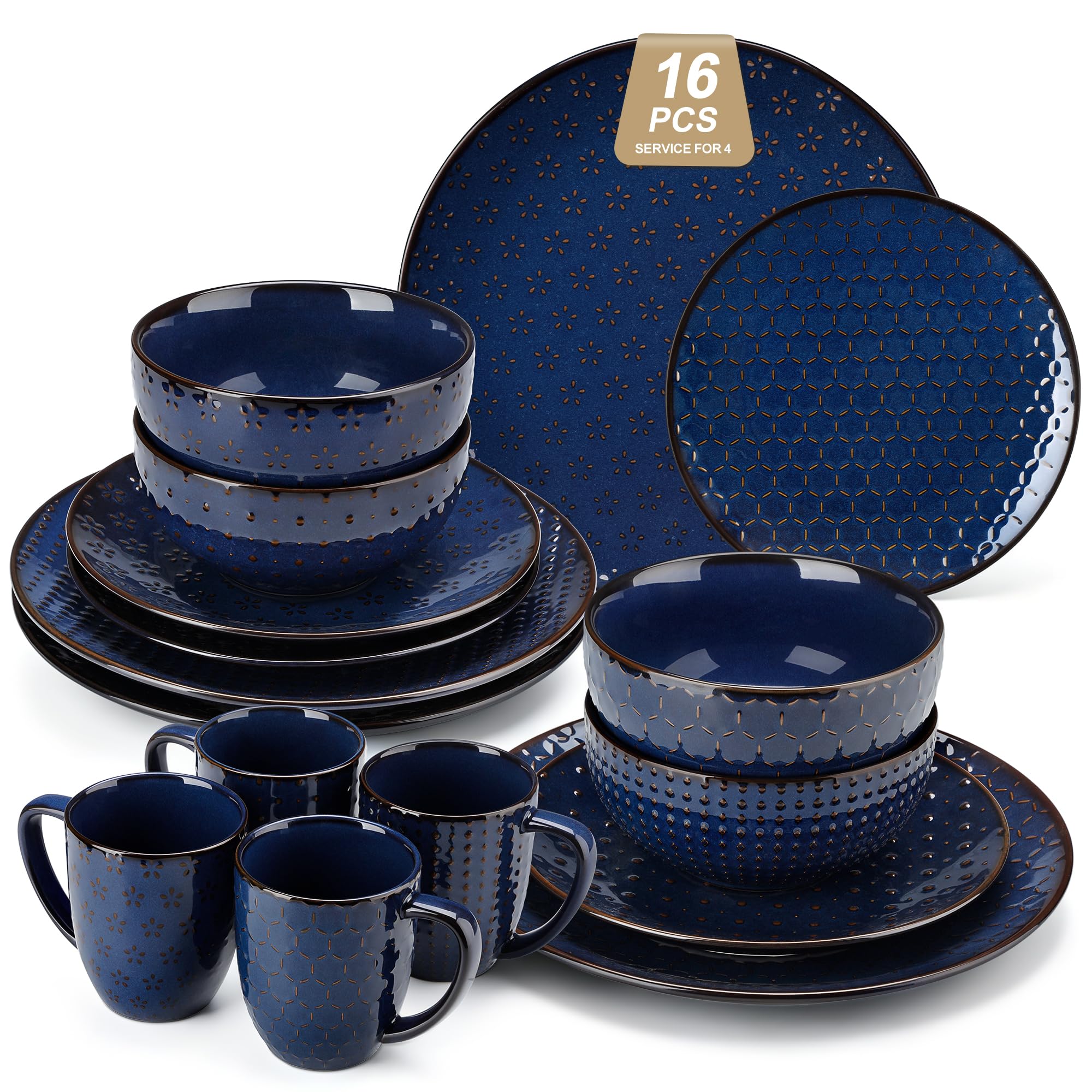 MALACASA 16 Pieces Dinnerware Sets, Modern Relief Design Plates and Bowls Sets, Blue Dish Set for 4, Kitchen Ceramic Dinner Plates Dishware Set, Microwave and Dishwasher Safe, Series LYDIA