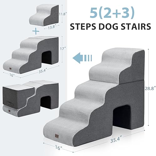 Miniatura 4 de Escaleras para perros para camas altas con túnel, escalones de 5 escalones para perros pequeños y gatos, escaleras plegables para mascotas para