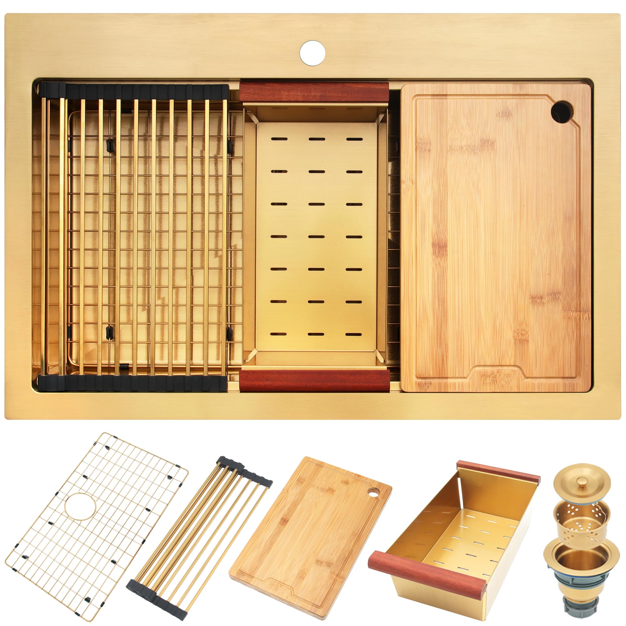 Gold Kitchen Sink, 33” x 22” Drop In Kitchen Sink, Single Bowl Kitchen Sink, Stainless Steel Kitchen Sink, Top Mount Kitchen Sink, Workstation Sink With Accessories