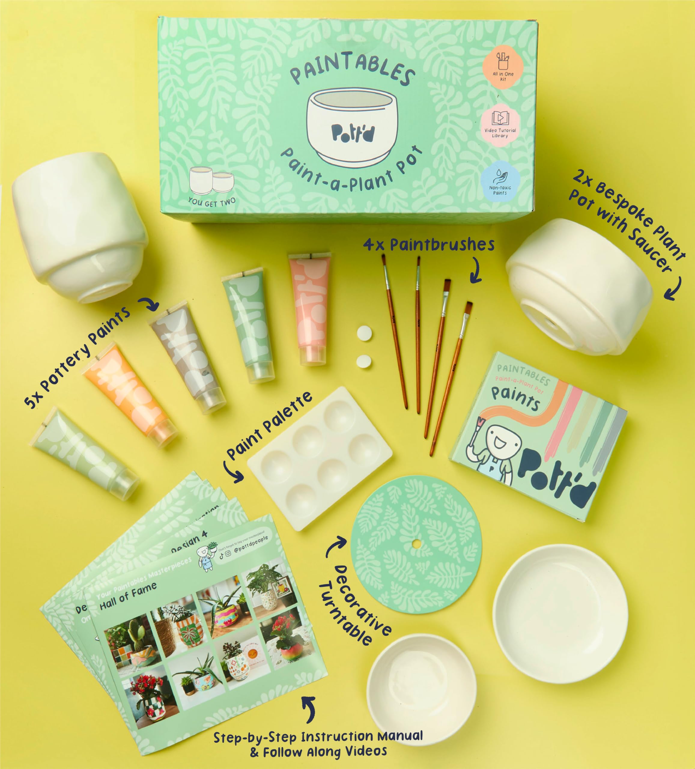 Pott’d Paintables Paint-a-Teapot Kit, DIY Pottery Painting Kit For Adults With Teapot, Paints, Brushes, Sponges, Palette And Guide, Craft Kit For