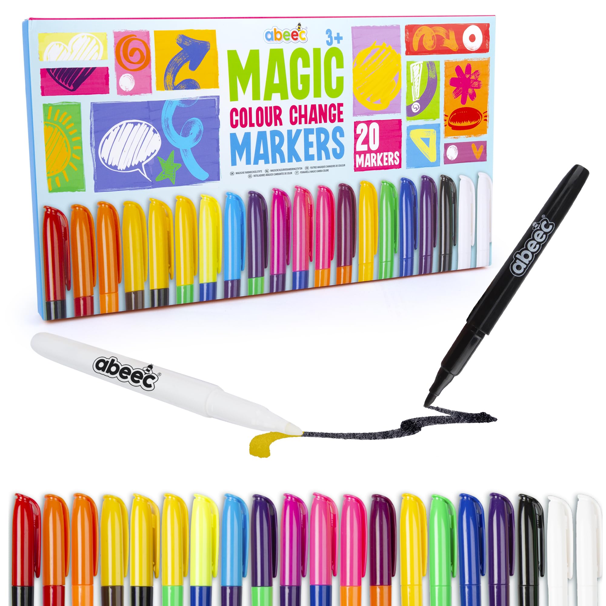 abeec Magic Colour Changing Markers | 20 Pack Colouring Pens | Kids Felt Tip Pens | Colour & White Magic Markers | Fun Drawing Set for Art & Crafts