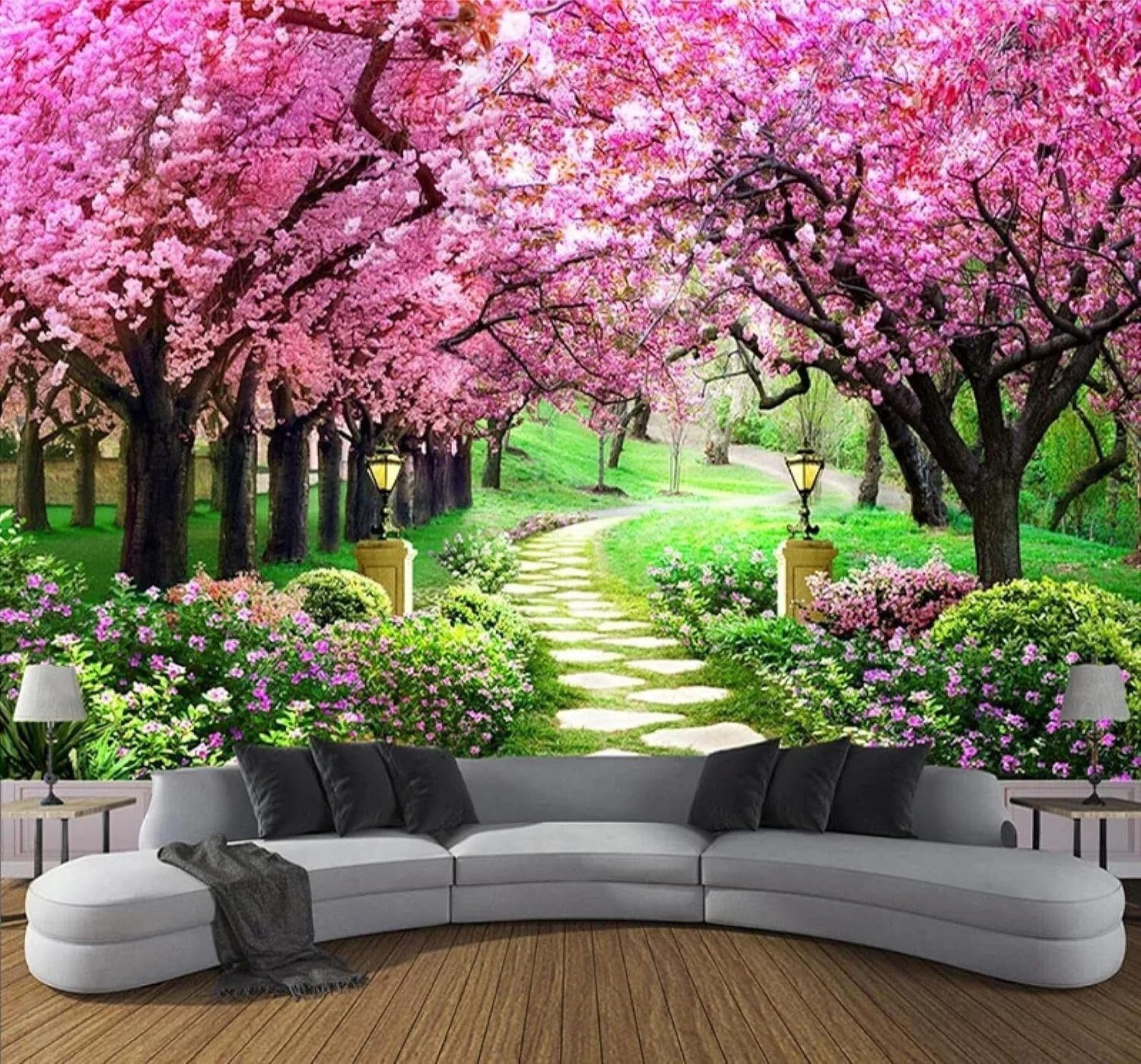 XLMING Beautiful Floral Romantic Cherry Blossom Tree Path 3D Wallpaper Premium Textured Silk Study Dining Living Room Bedroom Sofa TV Wall Easy Install-400cm×280cm