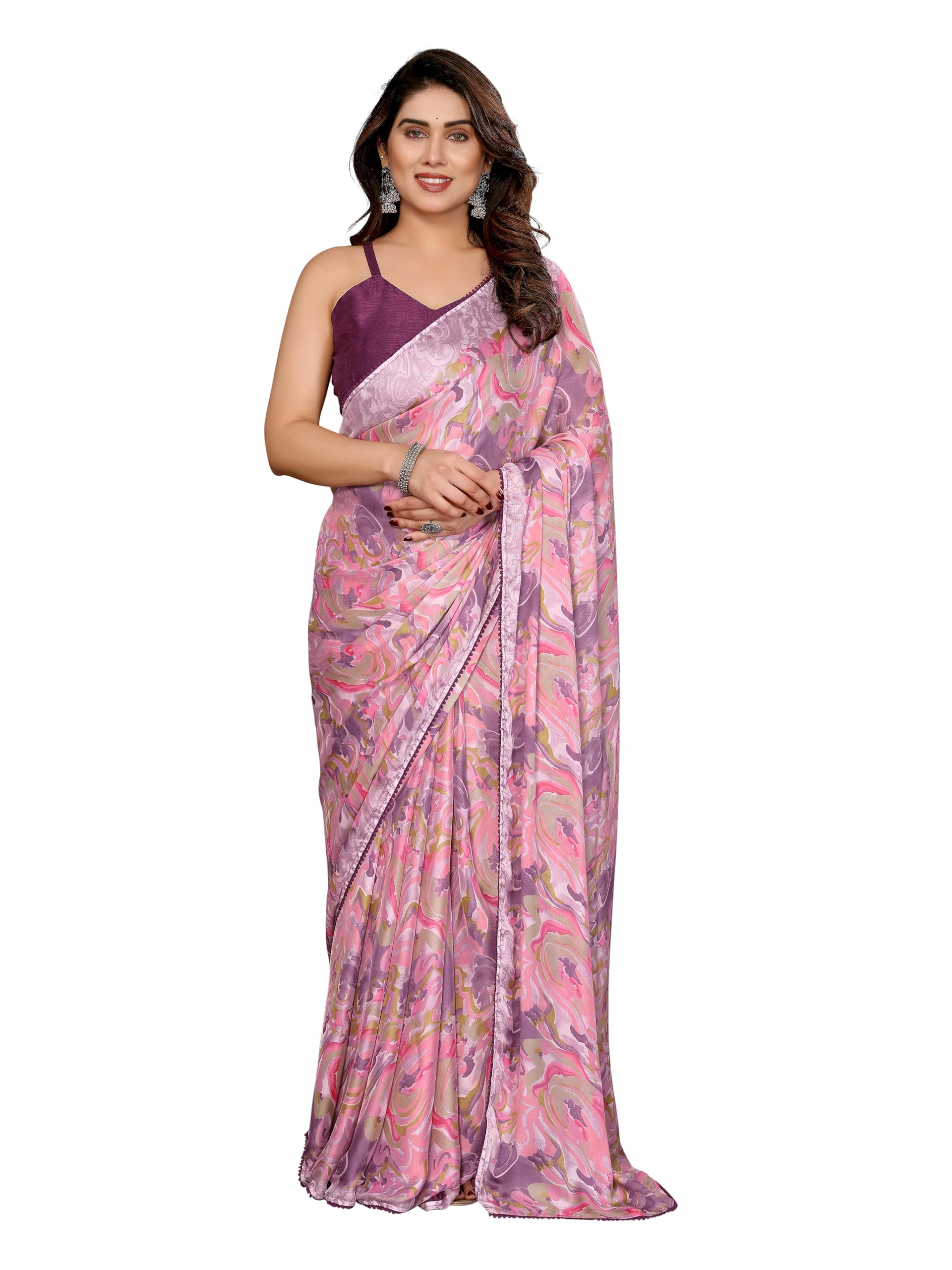 MOHIT CREATIONS Women's Party Wear Georgette Printed Border Ready To Wear Saree With Unstiched Blouse Piece