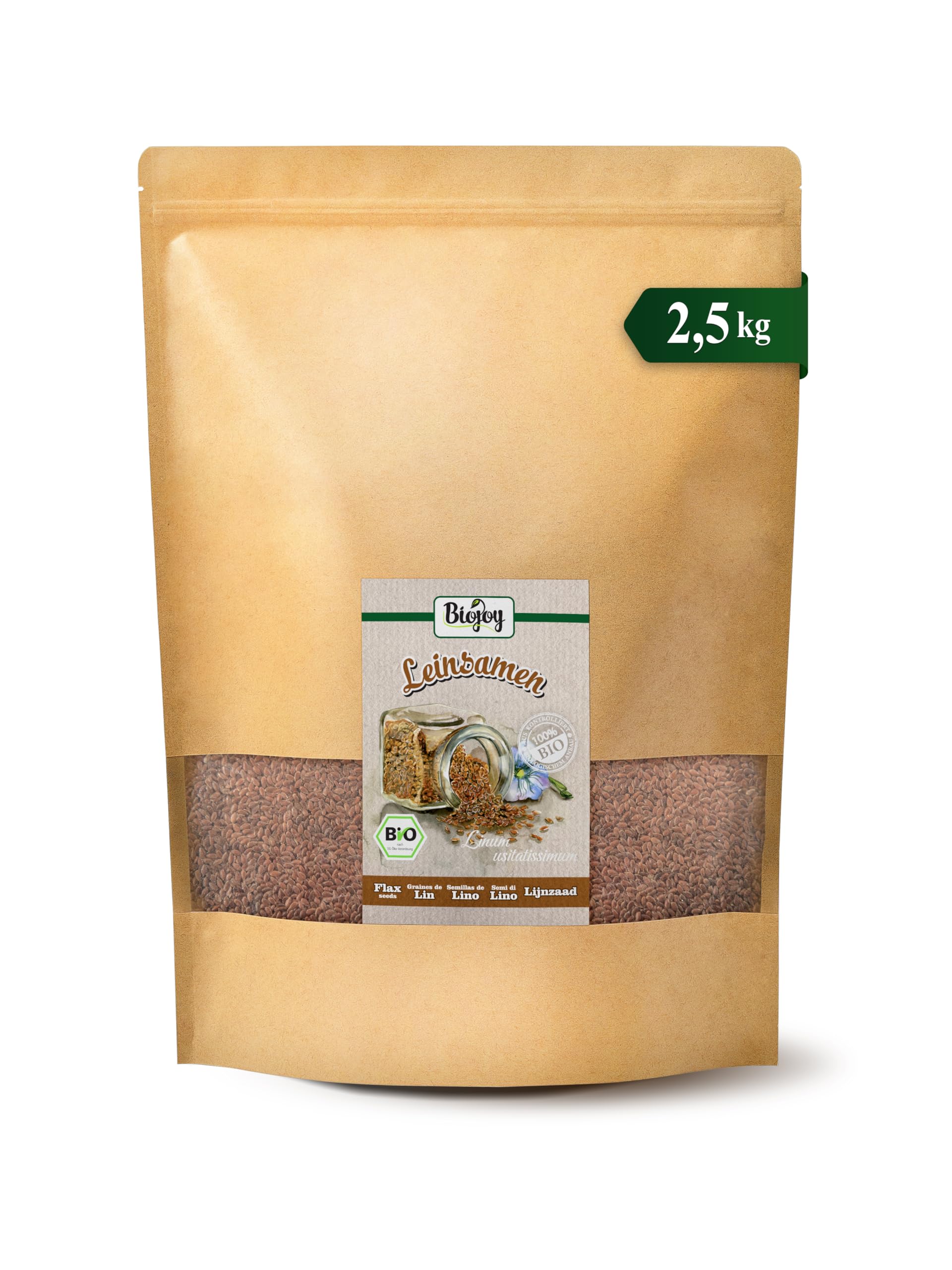 Biojoy Semillas de Lino Orgánicas (2,5 kg), crudas y enteras, sin aditivos