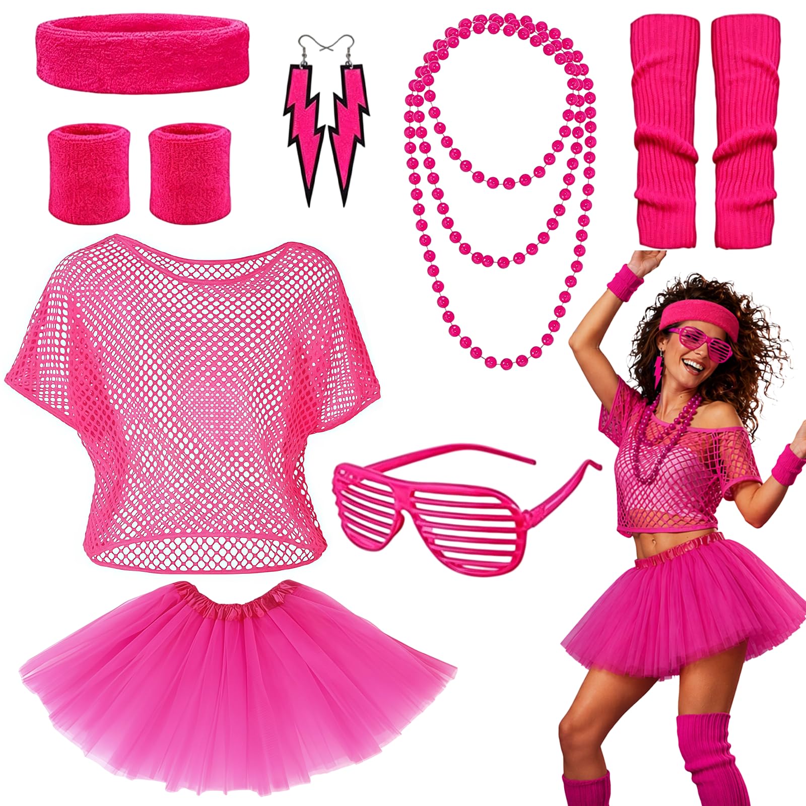 BORISCA 11PCS 80s Fancy Dress for Women Pink Neon 80s Accessories Set
