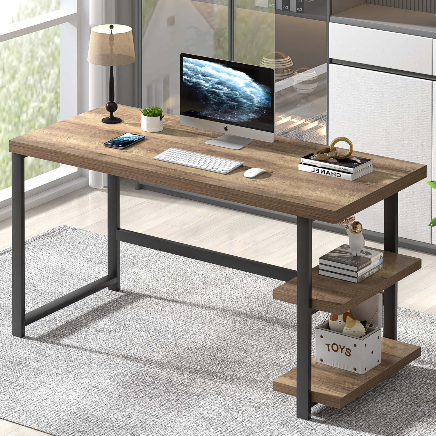 FOLUBAN Computer Desk Modern Home Office Desk with Storage Shelves Writing Study Gaming Table for Living Room Bedroom