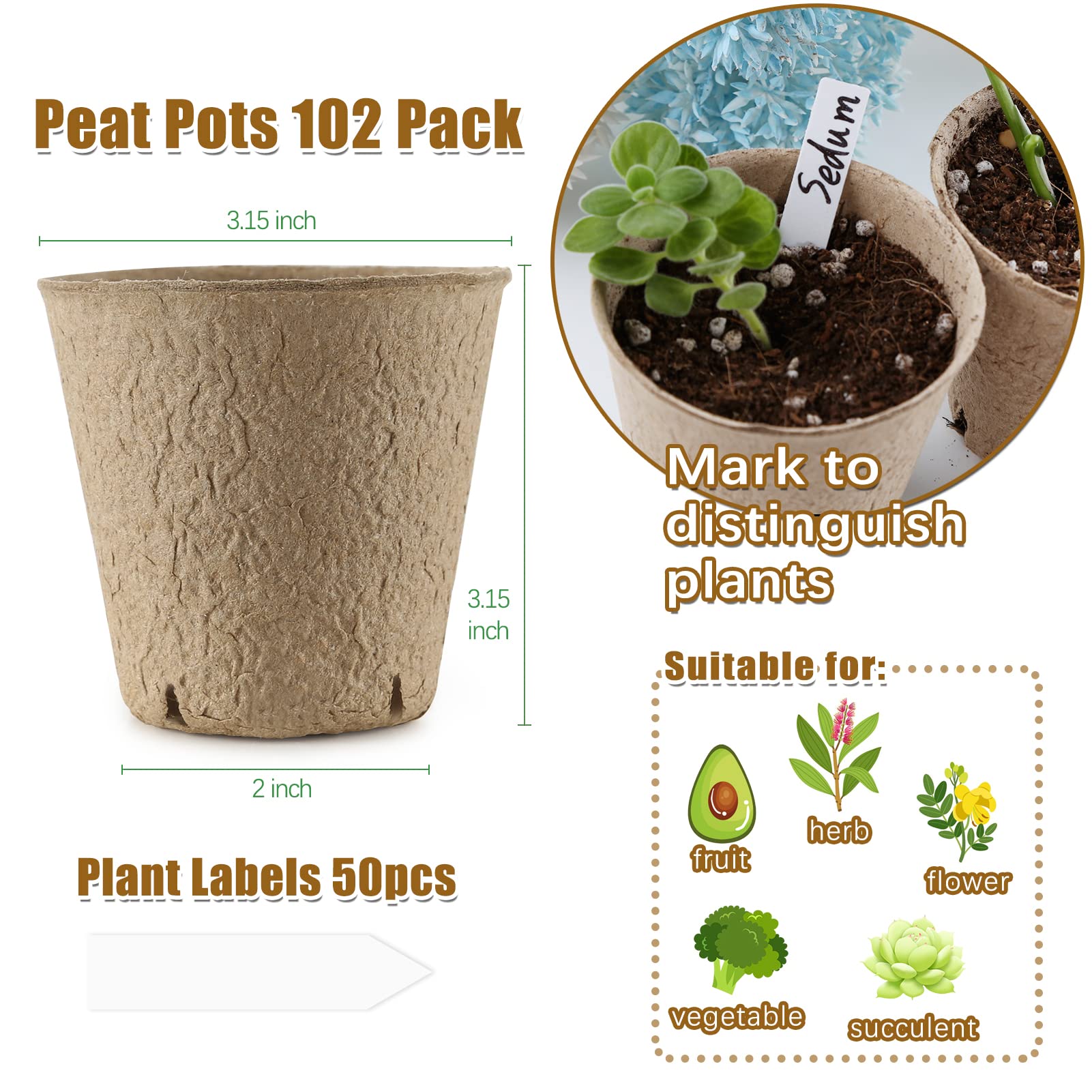 Peat Pots 102 Pack 3.15 Inch Biodegradable Planting Peat Pots for Seedlings Garden Plant Seed Starter Pots with Drainage Holes Seed Starting Pots for Organic Vegetable Flower Bonus 50 Plant L product thumbnail 7