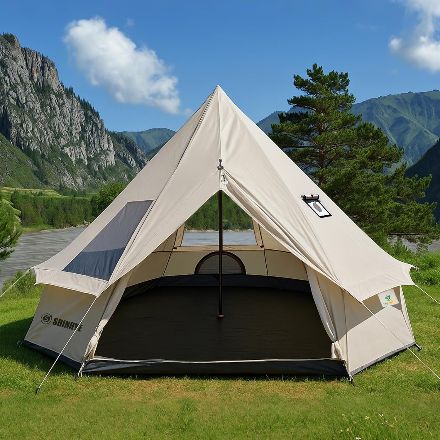 Bell Yurt Tent, Waterproof Luxury 4 Season Hot Tent with Stove Jack/Air Conditioner Vents/2 Skylight for Family Outdoor Camping Oxford Glamping Tents for All Year Living