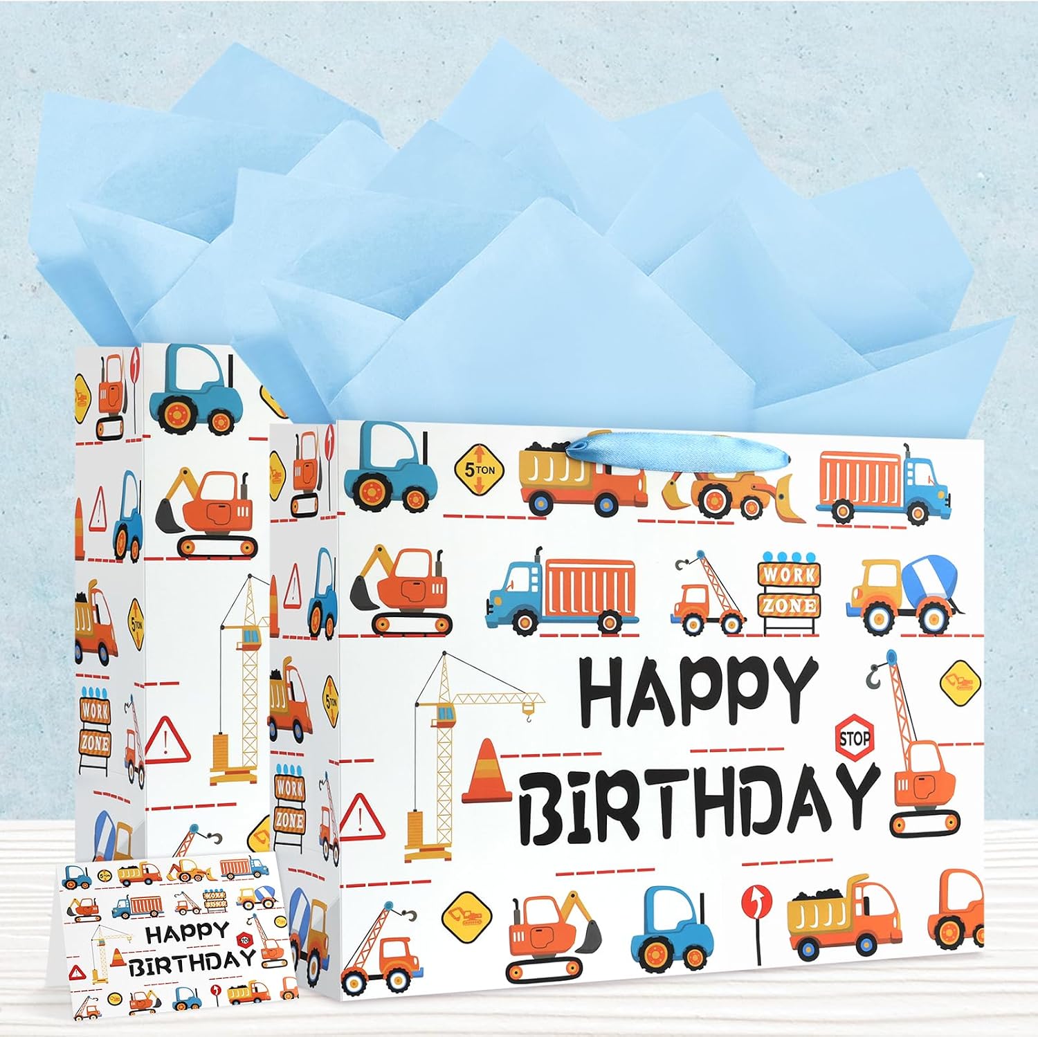JMANNI Large Happy Birthday Gift Bag with Tissue Papers and Greeting Card,Portable Paper Gift Bags with Handles,Present Bags for Boys Birthday Party Supplies 13" x10.2"x4.7"(Construction Vehicle) image 2