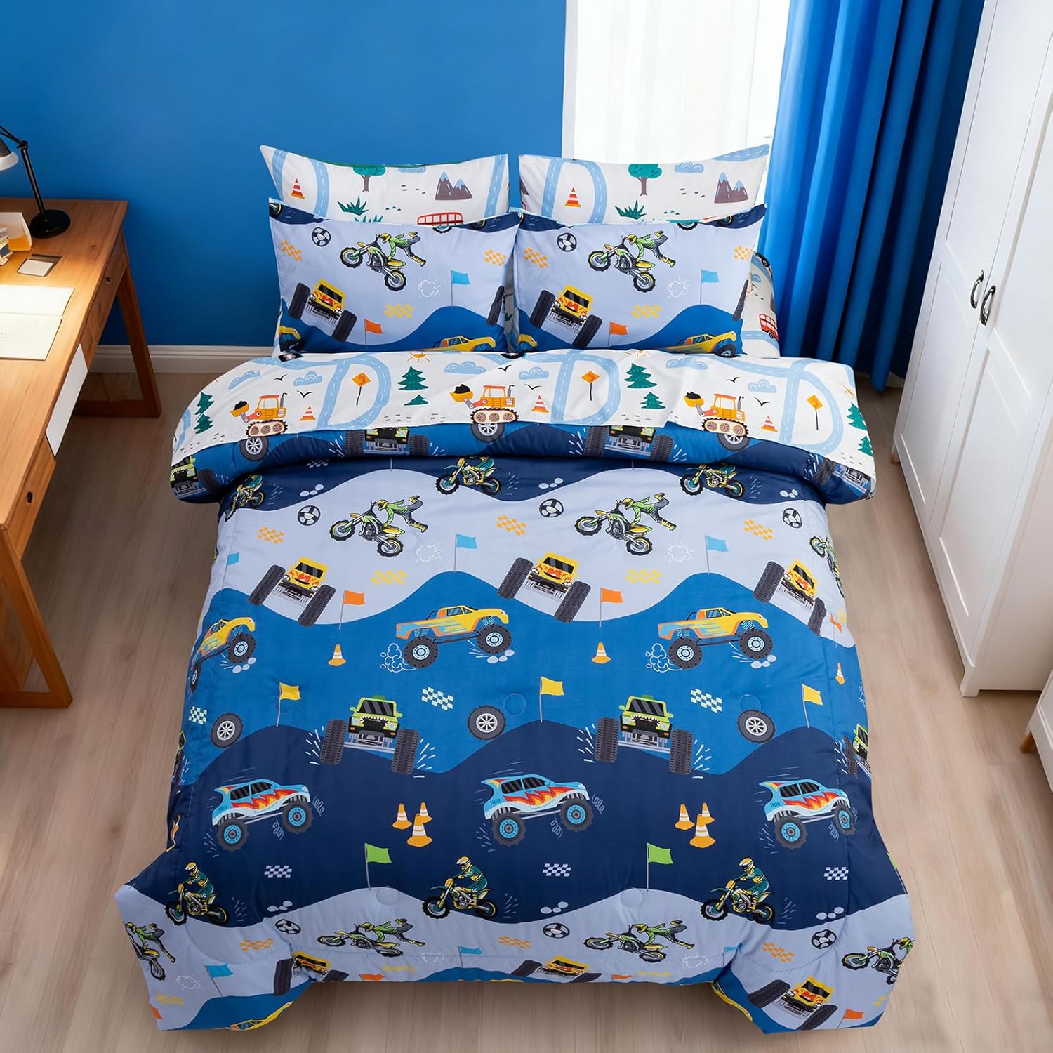 Holawakaka Trucks Tractors Cars Boys 5-Piece Bedding Comforter Sheet Set,Twin Size Cartoon Construction Car Excavator Print Kids Bed in A Bag, Excavator Mixer Truck Printed Bed Sets(Light Blue Twin) - Image 6
