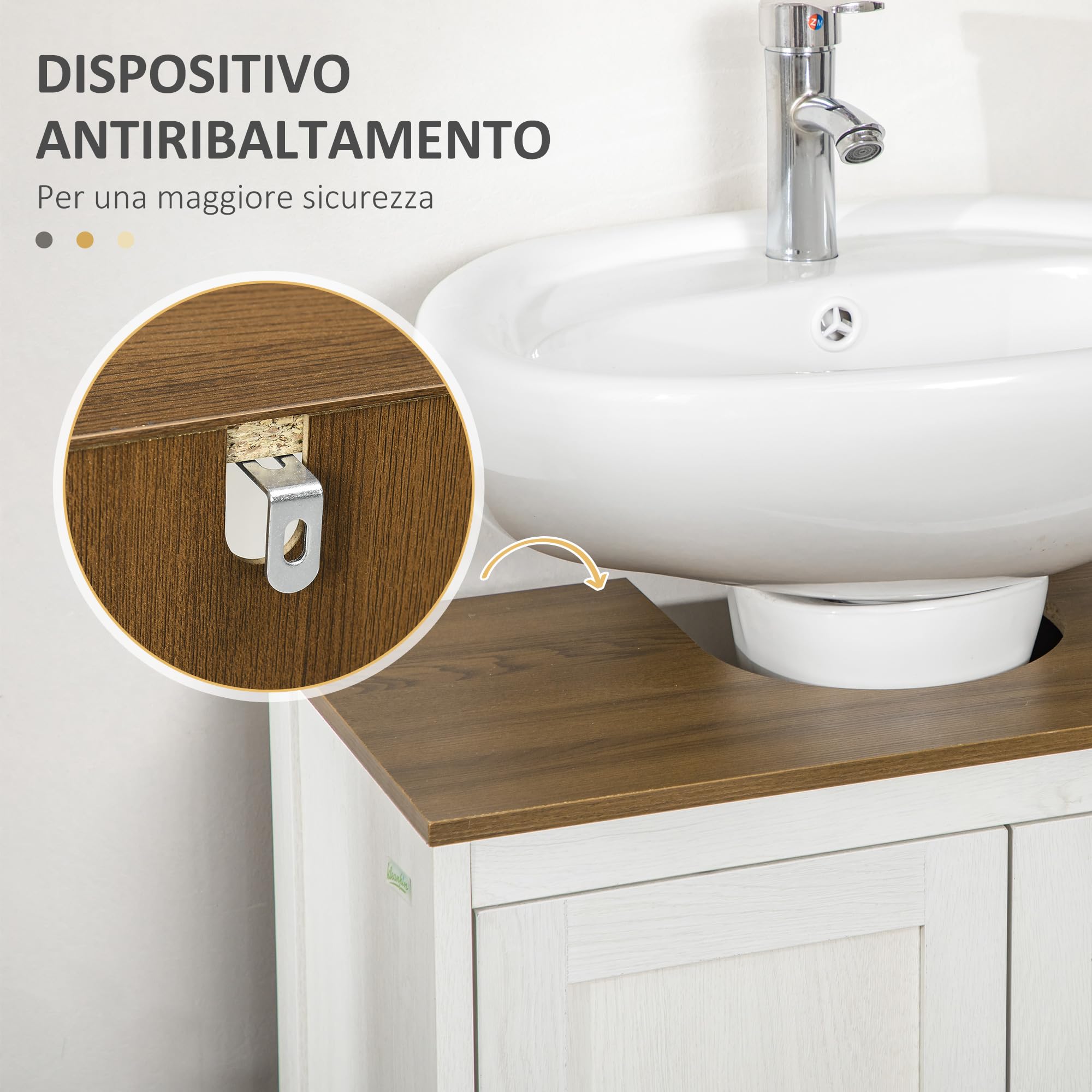kleankin Mobile Sotto Lavabo Bagno a U con Ripiano Interno Regolabile e 2 Ante, Mobiletto Bagno in Truciolato, per Lavabi con o senza Colonna, 60x30x60 cm, Bianco e color Noce
