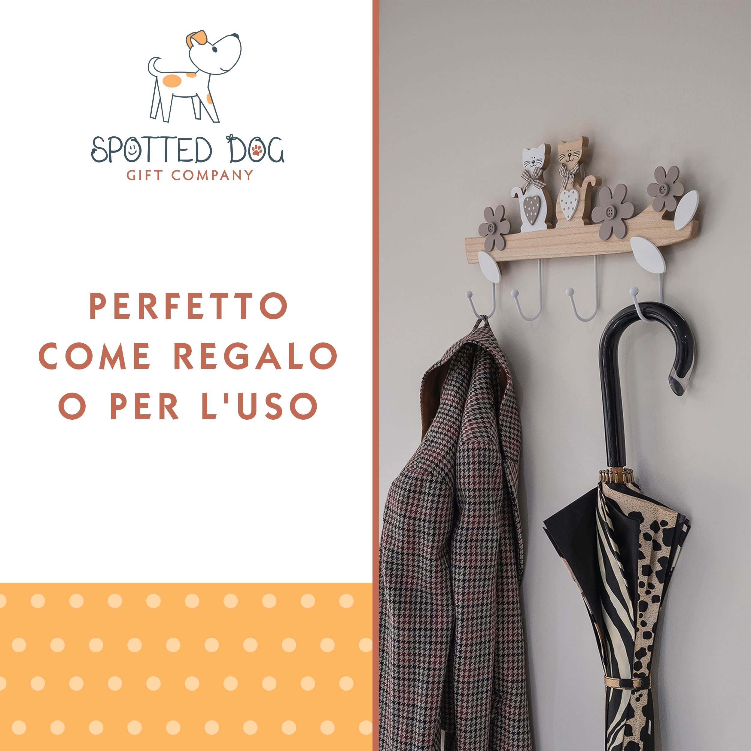 SPOTTED DOG GIFT COMPANY - Appendiabiti da parete con motivo gatti - con 4 ganci - per cucina, corridoio o camera da letto - idee regalo - in legno