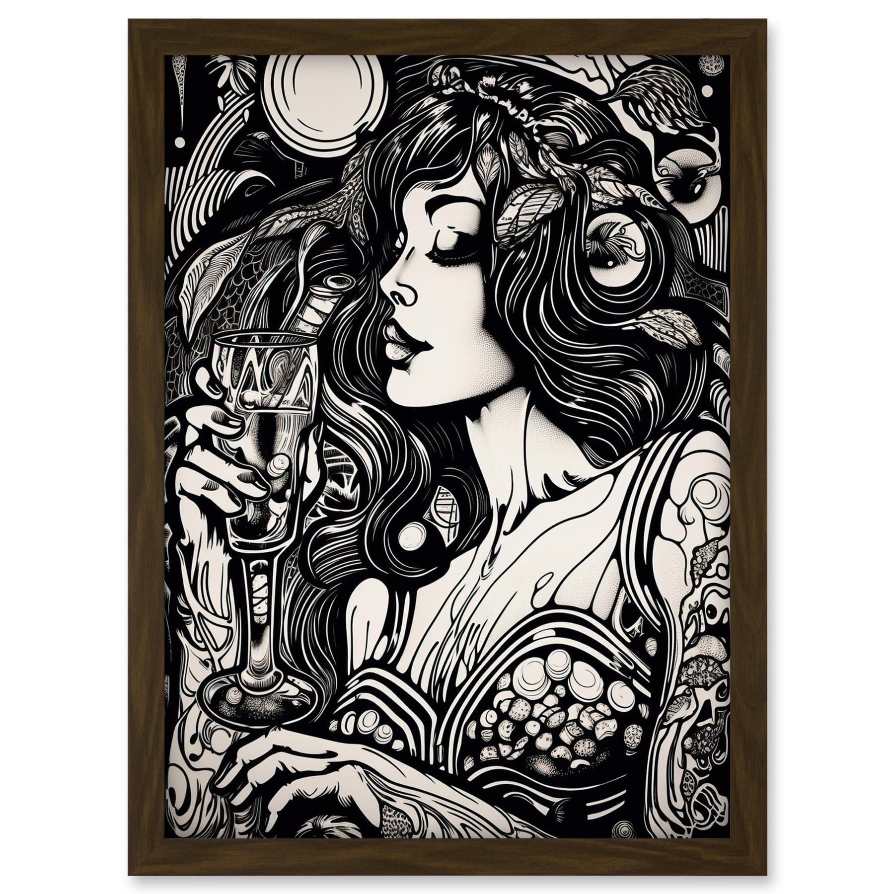 Artery8 Woman Drinking Wine Black and White Illustration Artwork Framed A3 Wall Art Print