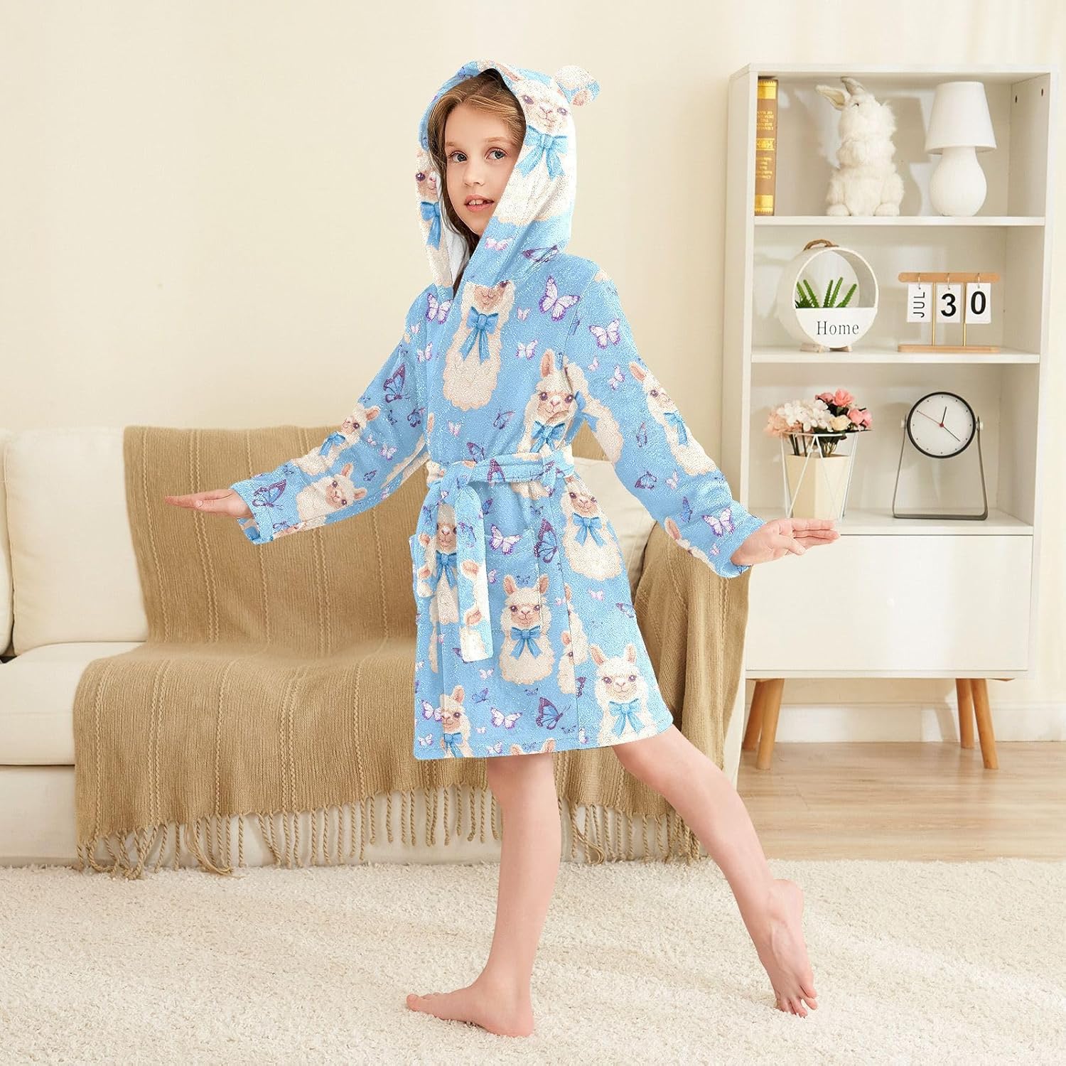 senya Alpaca with Blue Butterflies Toddler Hooded Bathrobe Kids Soft Plush Bath Towel Robes for Boys Girls 2-12 Years