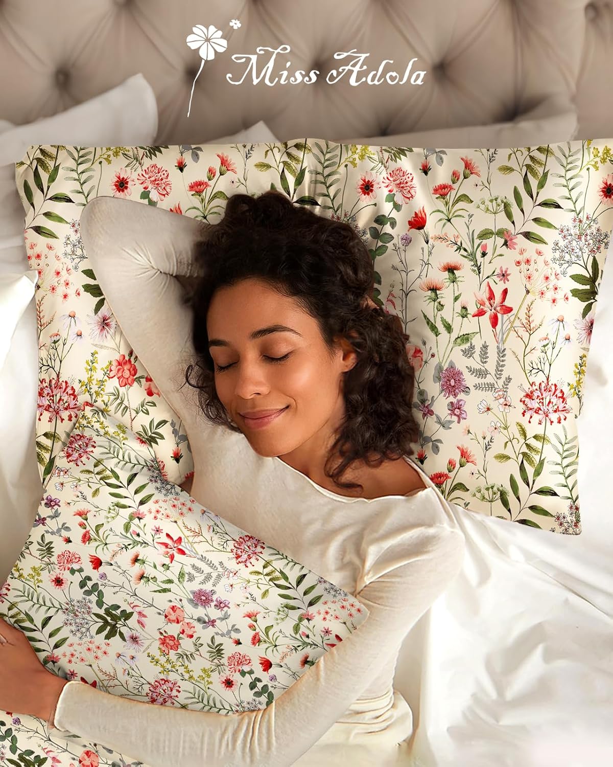 Miss Adola 2 Pack Silk Pillowcase - Queen Size 20 x 30 Inch Silky Pillow Case for Hair and Skin Soft Cute Aesthetic Bed Sleeping Pillow Cover with Zipper for Women, Flower Shrubs