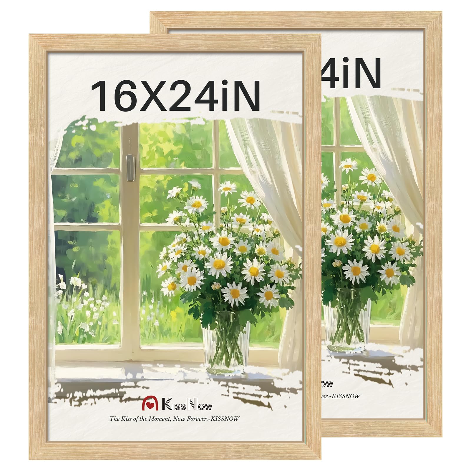 KissNow 16x24 Poster Frame 2 Pack, Natural Oak Wood Picture Frame with Polished Plexiglass, Wall Hanging