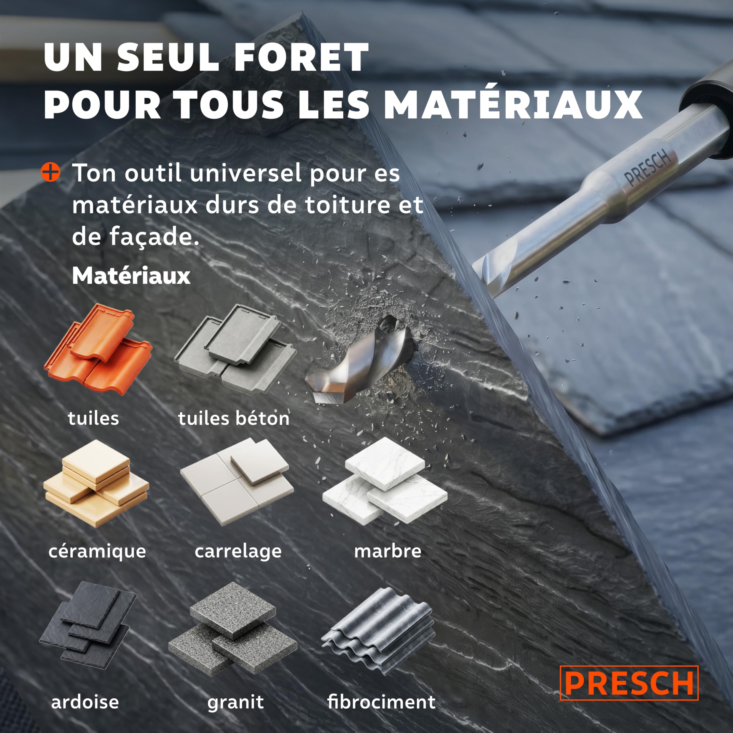 PRESCH Forets pour Tuiles 5mm (10 pcs) – Perçages propres dans les tuiles dures - Foret hexagonal avec pointe en carbure – Foret carrelage robuste pour tuile, céramique, granit & marbre
