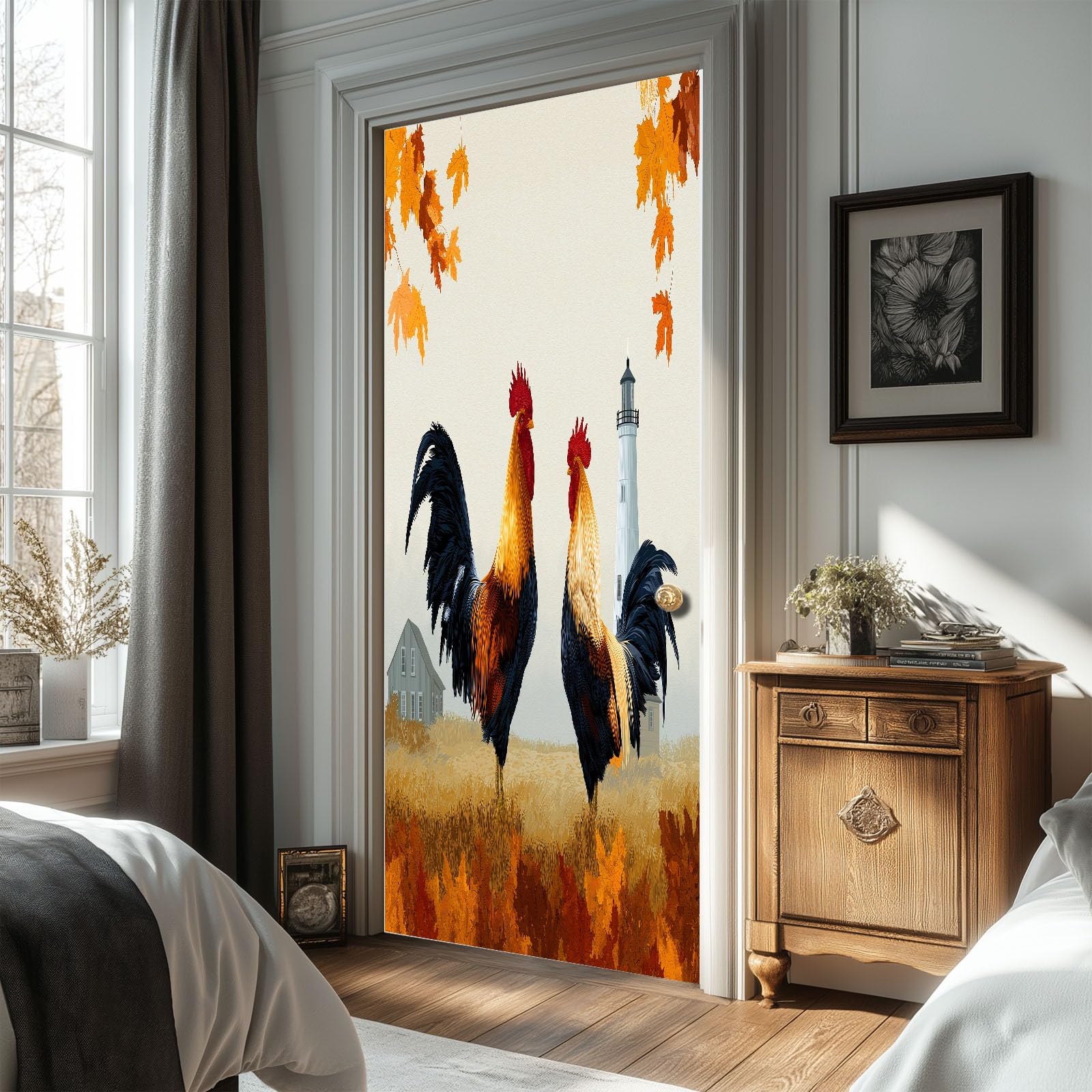 Tapeta na drzwi 3D, samoprzylepna, akwarela, farma, latarnia morska, kurek, plakat na drzwi, styl wiejski, naklejka na drzwi, wodoszczelna, zdejmowana folia na drzwi, do salonu, sypialni, łazienki, 95