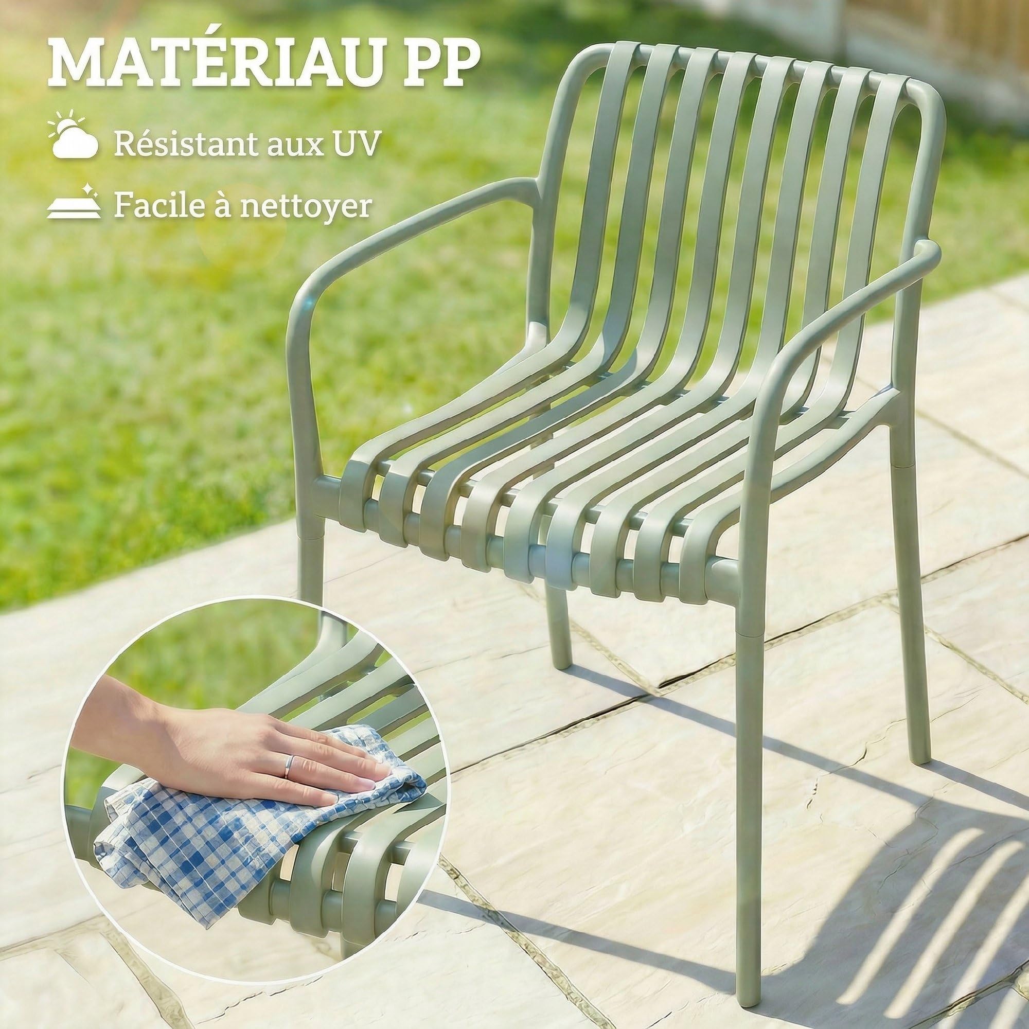 Outsunny Lot de 4 Chaises de Jardin Empilables en Polypropylène Anti-UV - Fauteuil de Terrasse avec Accoudoirs et Dossier à Lattes Ergonomique - Chaises de Salle à Manger Extérieures, Gris Vert