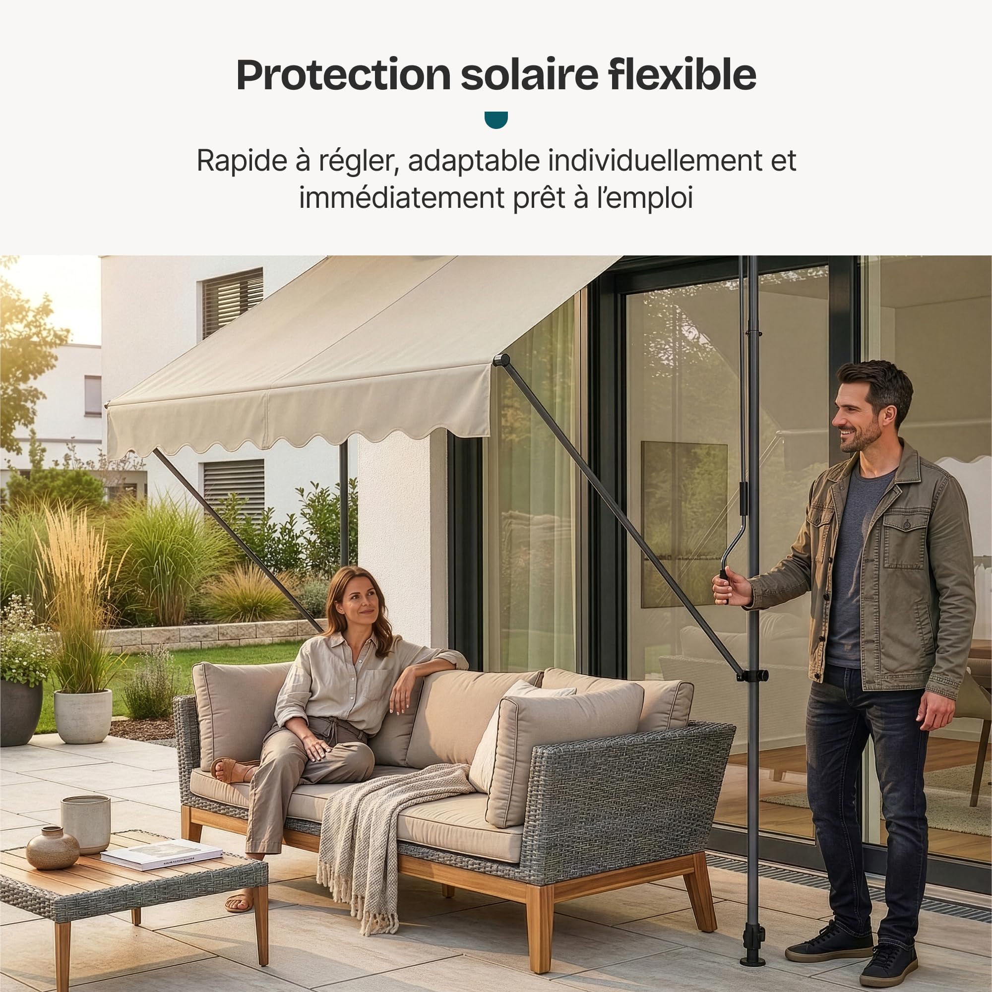 pro.tec Store Banne Manuel Rétractable pour Terrasse Marquise Soleil de Balcon Auvent Téléscopique Hauteur et Inclinaison Réglable sans Perçage Acier Polyester 150 x 120 x 220-309 cm Sable