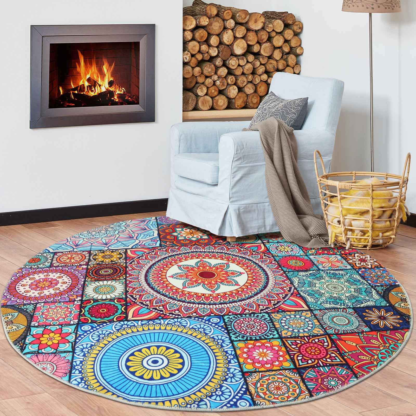 Betadistor Washable Boho Floral Round Rugs for Living Room Bedroom Kitchen Hallway 90CM, 405-10090, 405-10000, 90cm / 3 ft - Image 4