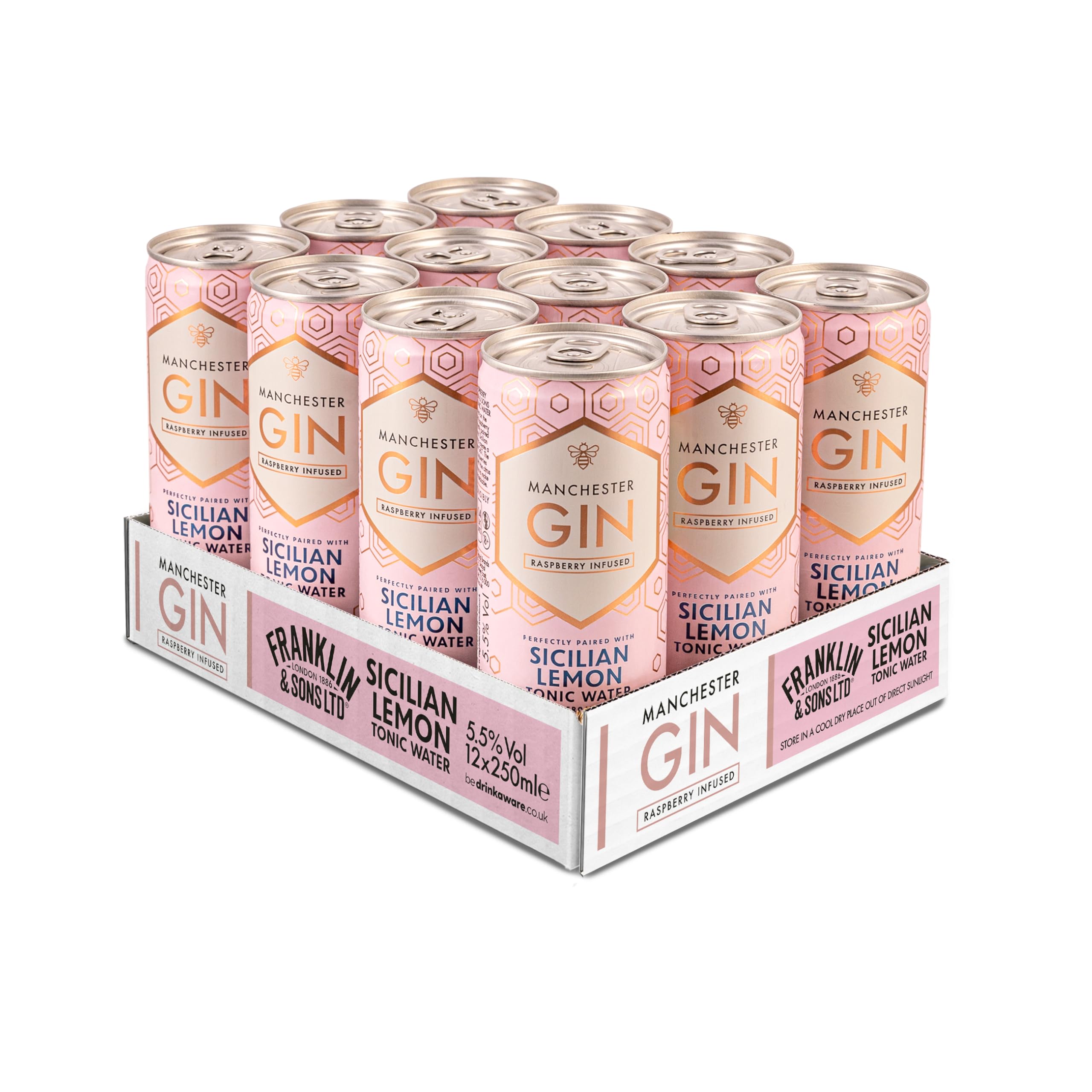 Franklin & Sons Lemon Tonic & Manchester Raspberry Gin | Premium Ready To Drink Cans | 250ml x 12 Pack | Spirit & Mixer | Gin & Tonic | Take Anywhere Size | Natural Ingredients | Fresh Raspberries