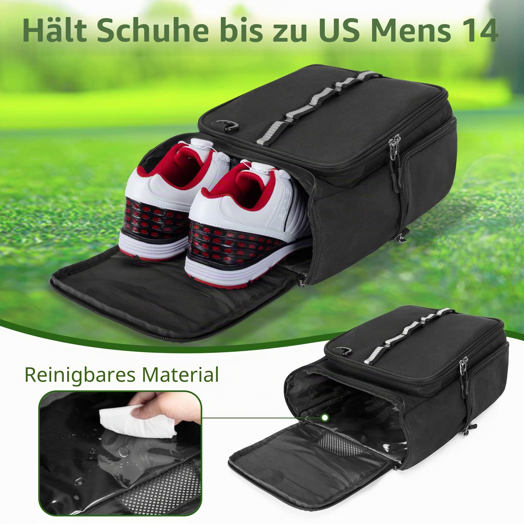 GOBUROS Golfschuhtasche für EIN Paar Schuhe US Herren 14, Golfschuh-Tragetasche mit kostenlosen Handschuhhaltern (EIN Paar), Vorder- und Seitentaschen für Tess, Handschuhe und Ball, Schwarz, Tasche