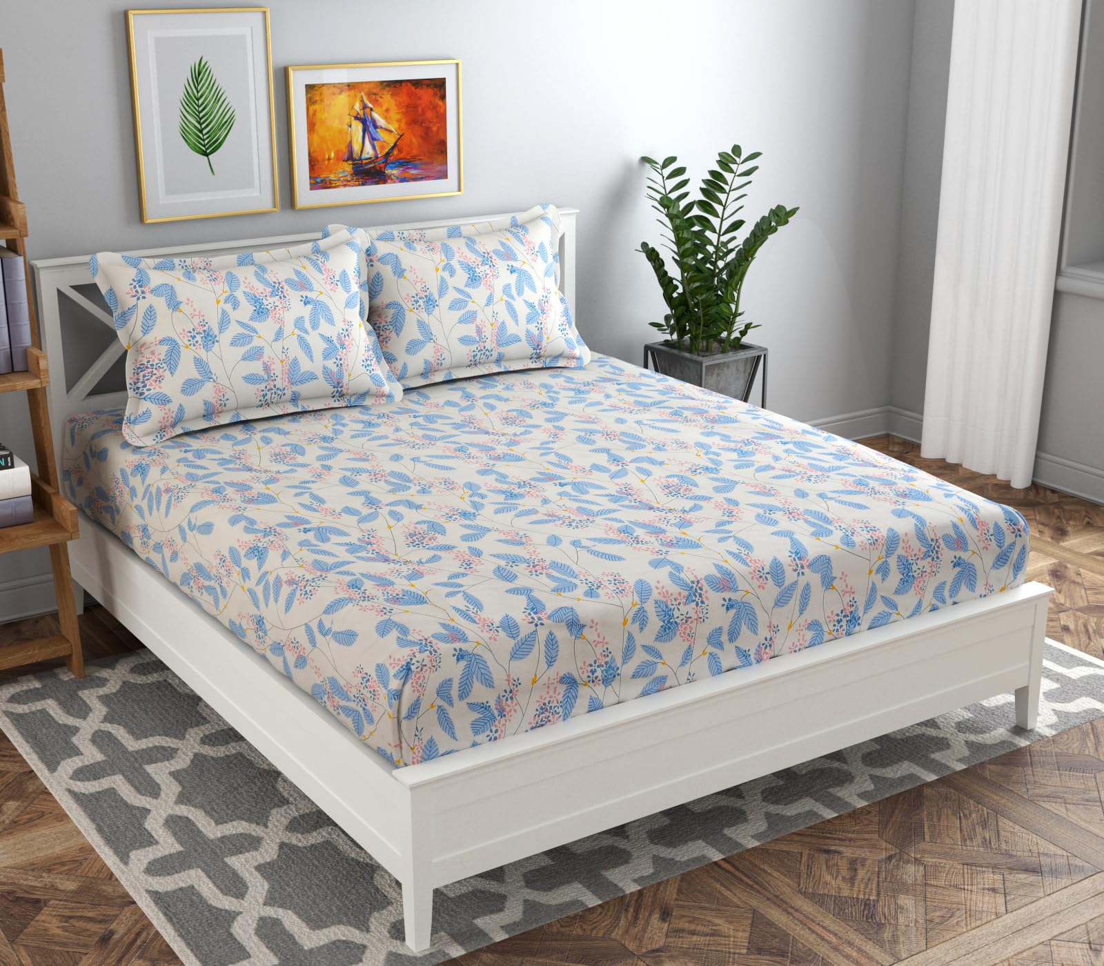 VAS Collections Microfiber 160 TC Flat Double Bed Bedsheets for Summer Breathable | Wrinklefree (Size- 225 x 228 Cm) with 2 Pillow Covers (Size-17 X 27 Inches, Floral, White and Blue)