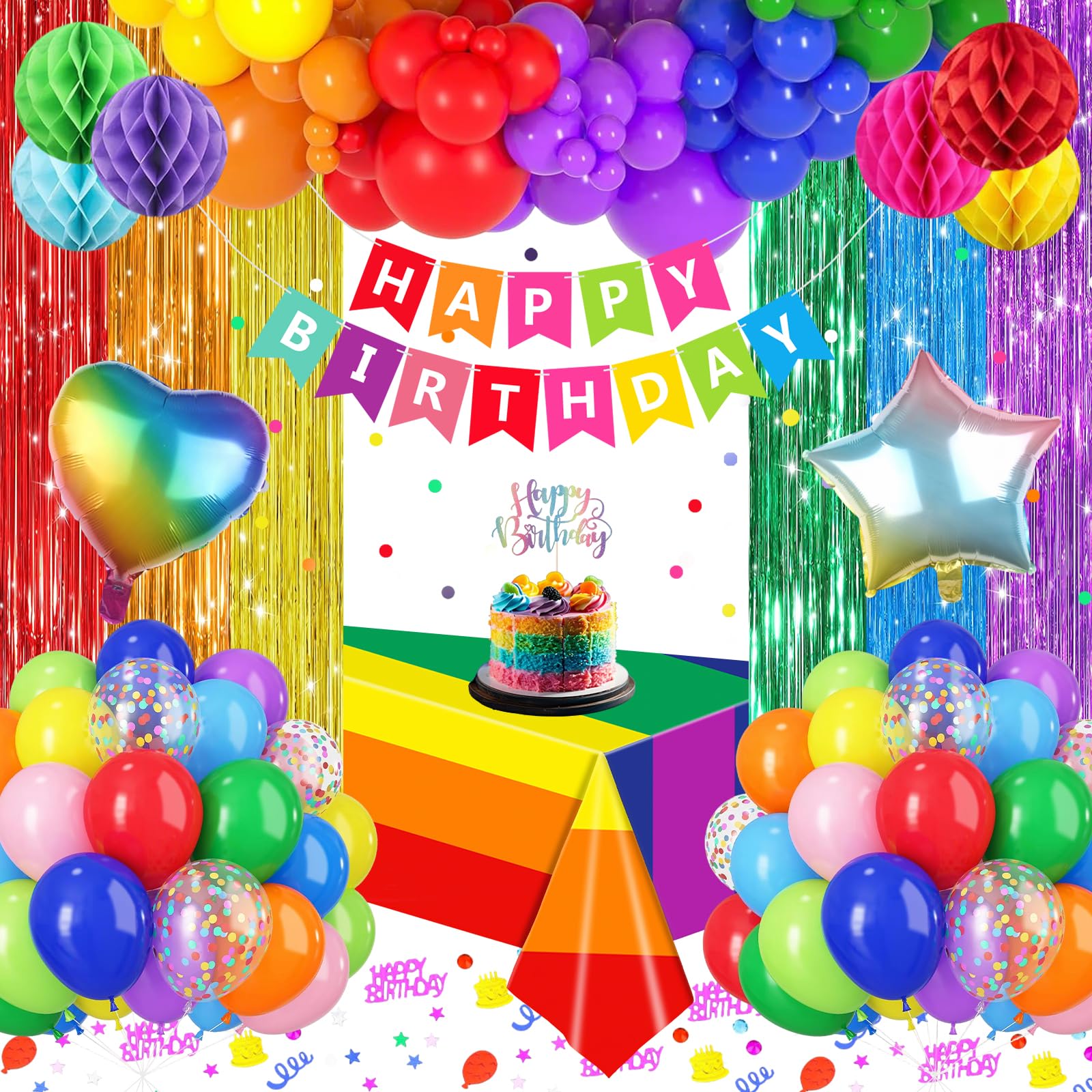 Rainbow Birthday Decorations, Premium Reusable Colourful Birthday Party Decorations Set - Happy Birthday Banner, Latex Balloons, Fringe Curtain, Tablecloth