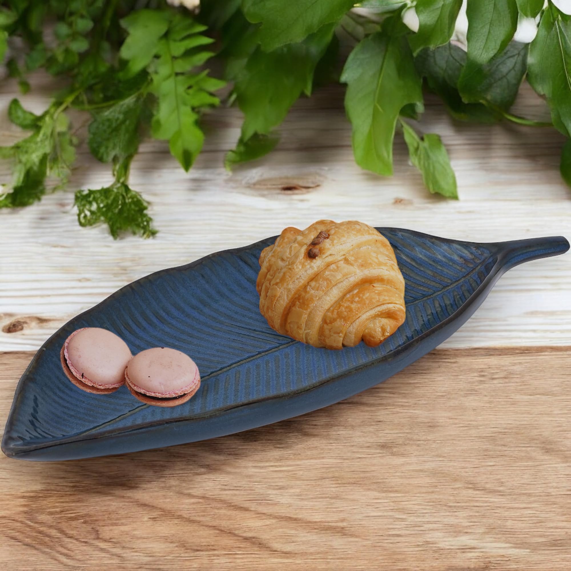 The Transit Story Blue Color, Leaf Shape Snacks Serving Tray Food Plate Starter/Kebab Platter/Dish, Ceramic Plates Serveware (Microwave Safe, Dishwasher Safe)