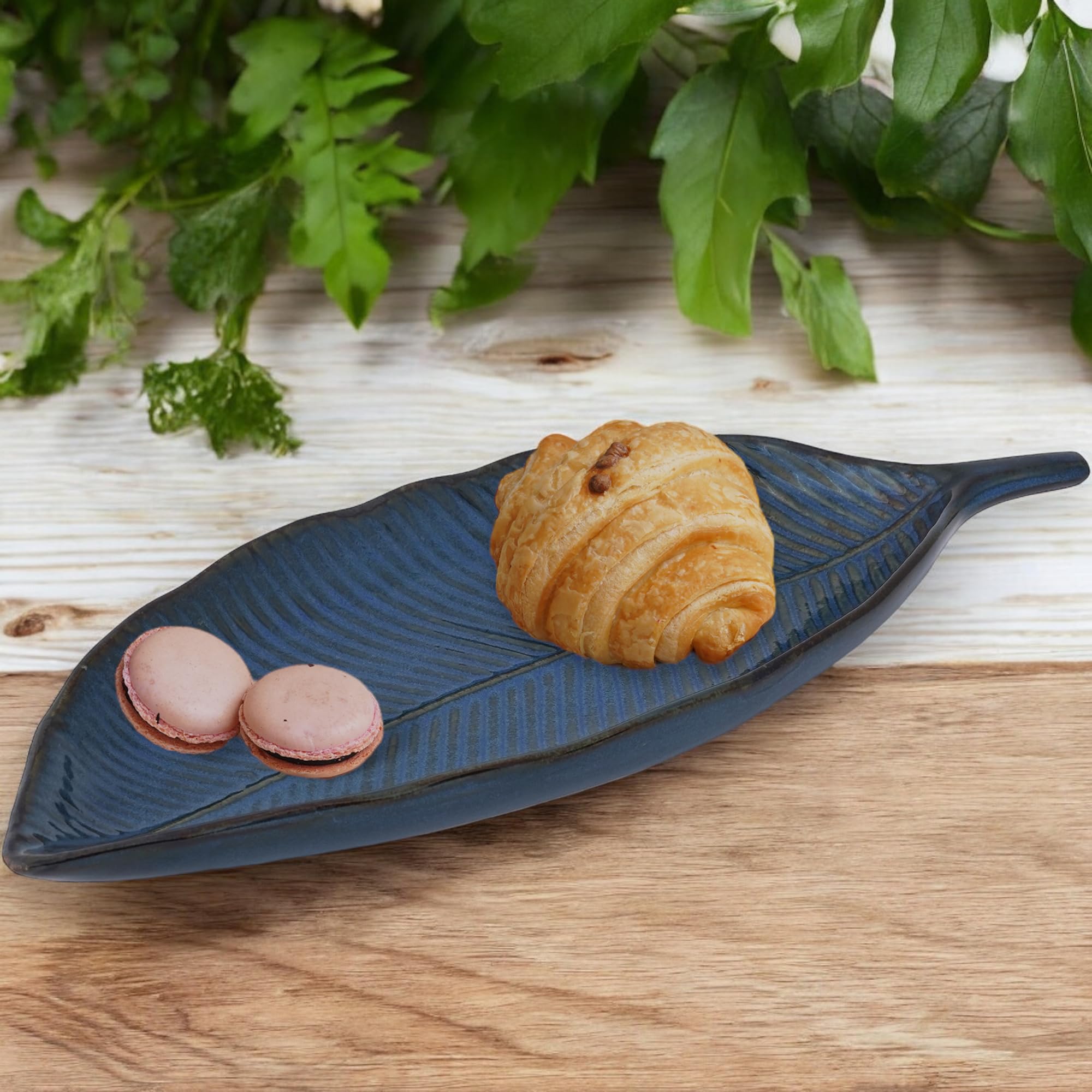 The Transit Story Blue Color, Leaf Shape Snacks Serving Tray Food Plate Starter/Kebab Platter/Dish, Ceramic Plates Serveware (Microwave Safe, Dishwasher Safe)