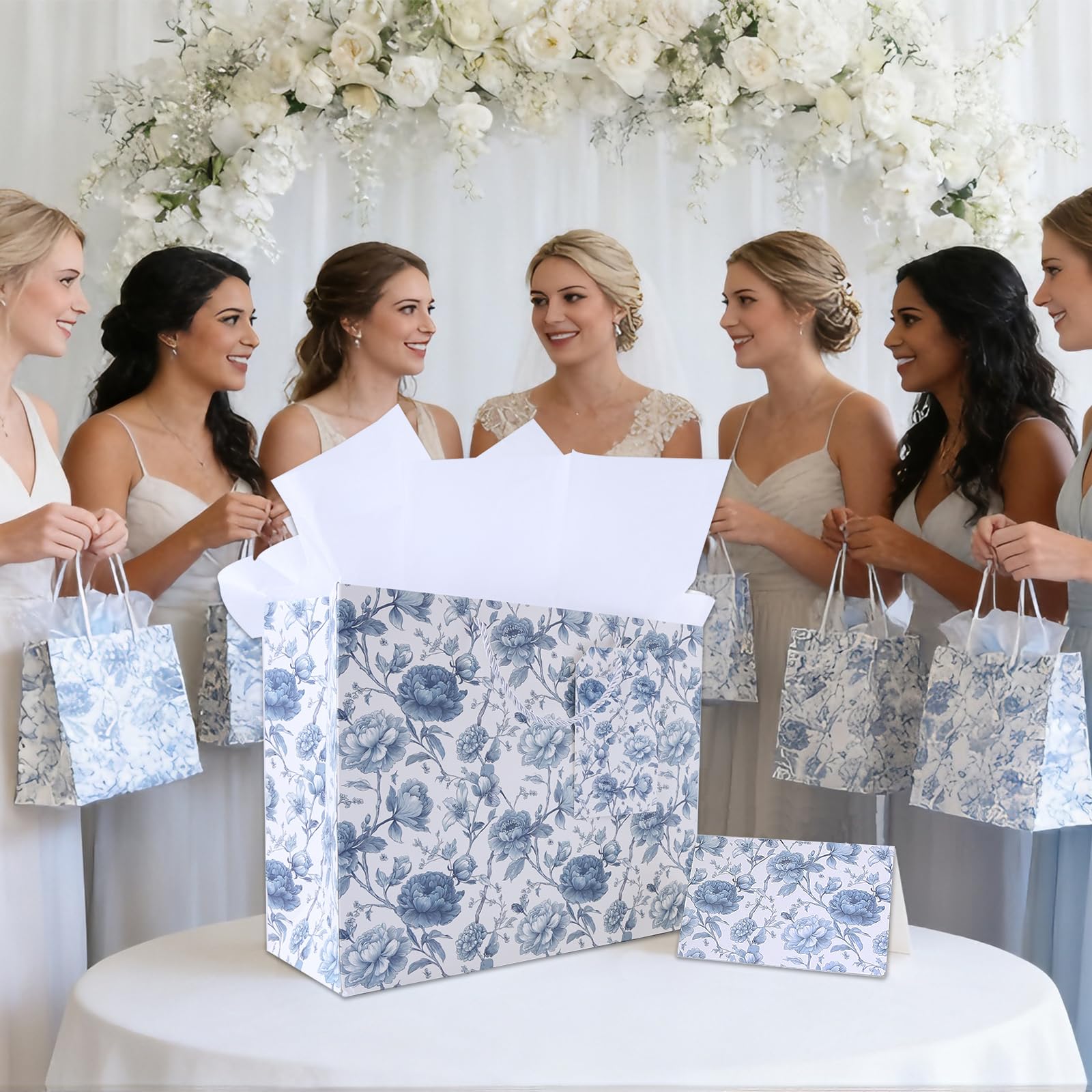 JAYTEM Bridal Shower Gift Bag, 13" Blue and White Large Wedding Gift Bag with Tissue Paper Greeting Card Tag Envelope, Chinoiserie Peony Floral Elegant Gift Bags for Women, Anniversary, Mother's Day, Birthday, Christmas