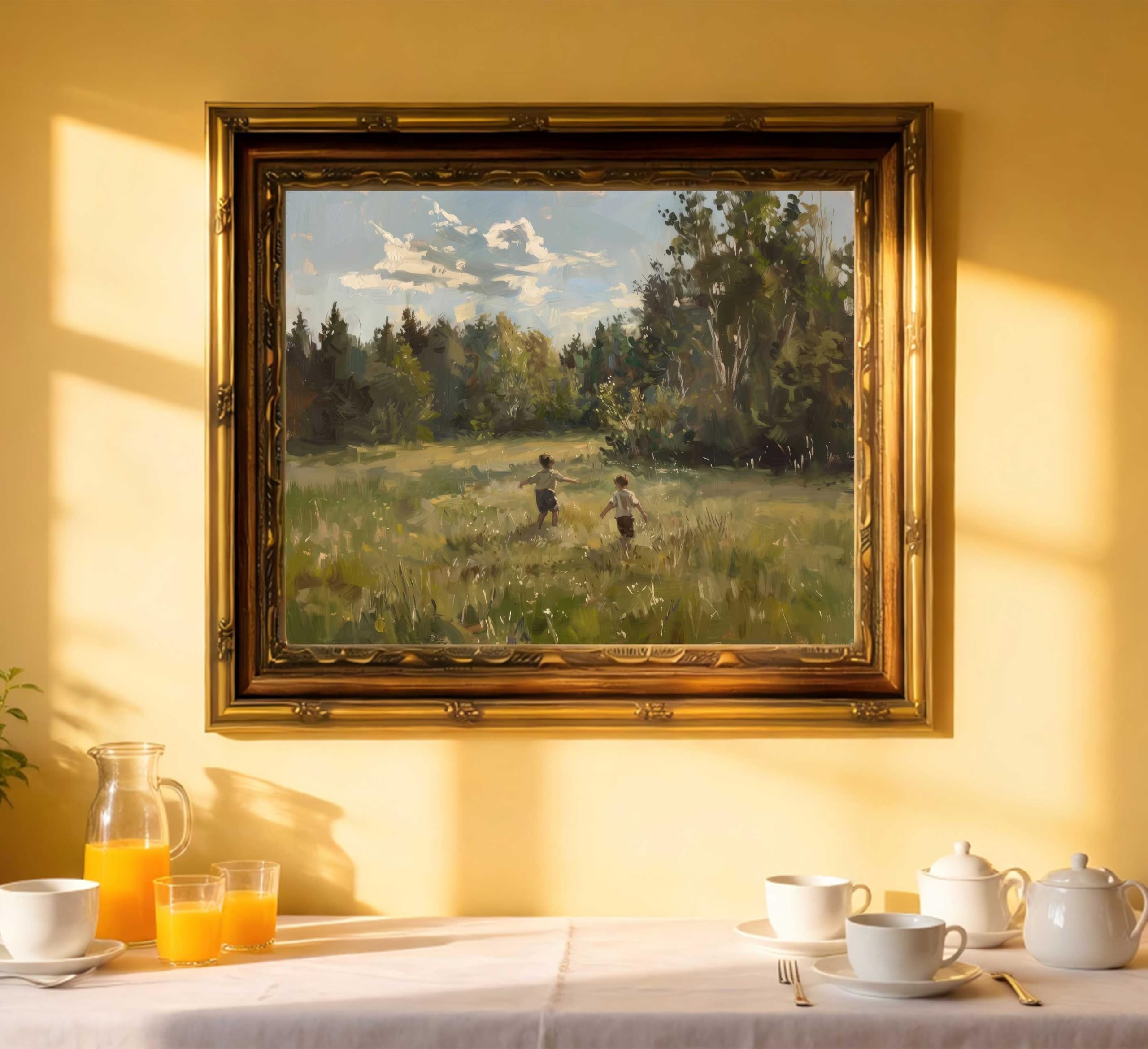Canvas Wall Art Framed - Kids in Summer Field Landscape Painting, Vintage Gold Framed Picture Poster Prints Artwork for Home Wall Decor,12x16 Inch - 5