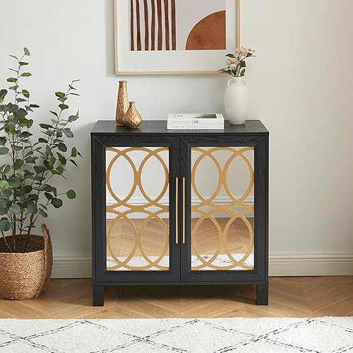 Miniatura 3 de EDYO LIVING Aparador de buffet con espejo, gabinete de almacenamiento moderno con puertas de vidrio de metal, mesa consola para sala de estar,