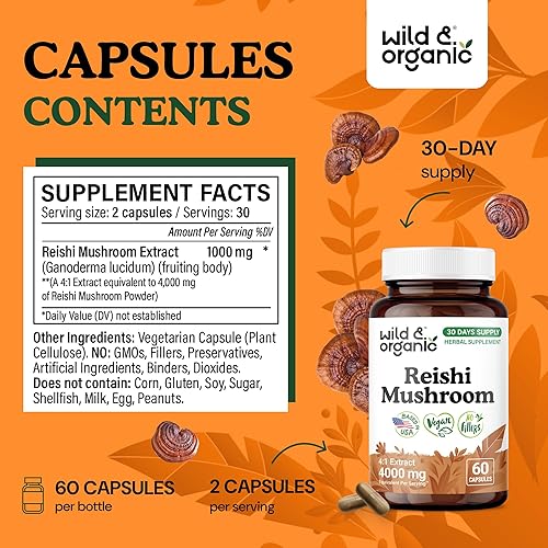 Miniatura 3 de Wild & Organic Cápsulas de hongos Reishi de 1000 mg - Apoyo inmunológico y energético - Extracto de hongo Reishi rojo - Suplemento de Ganoderma