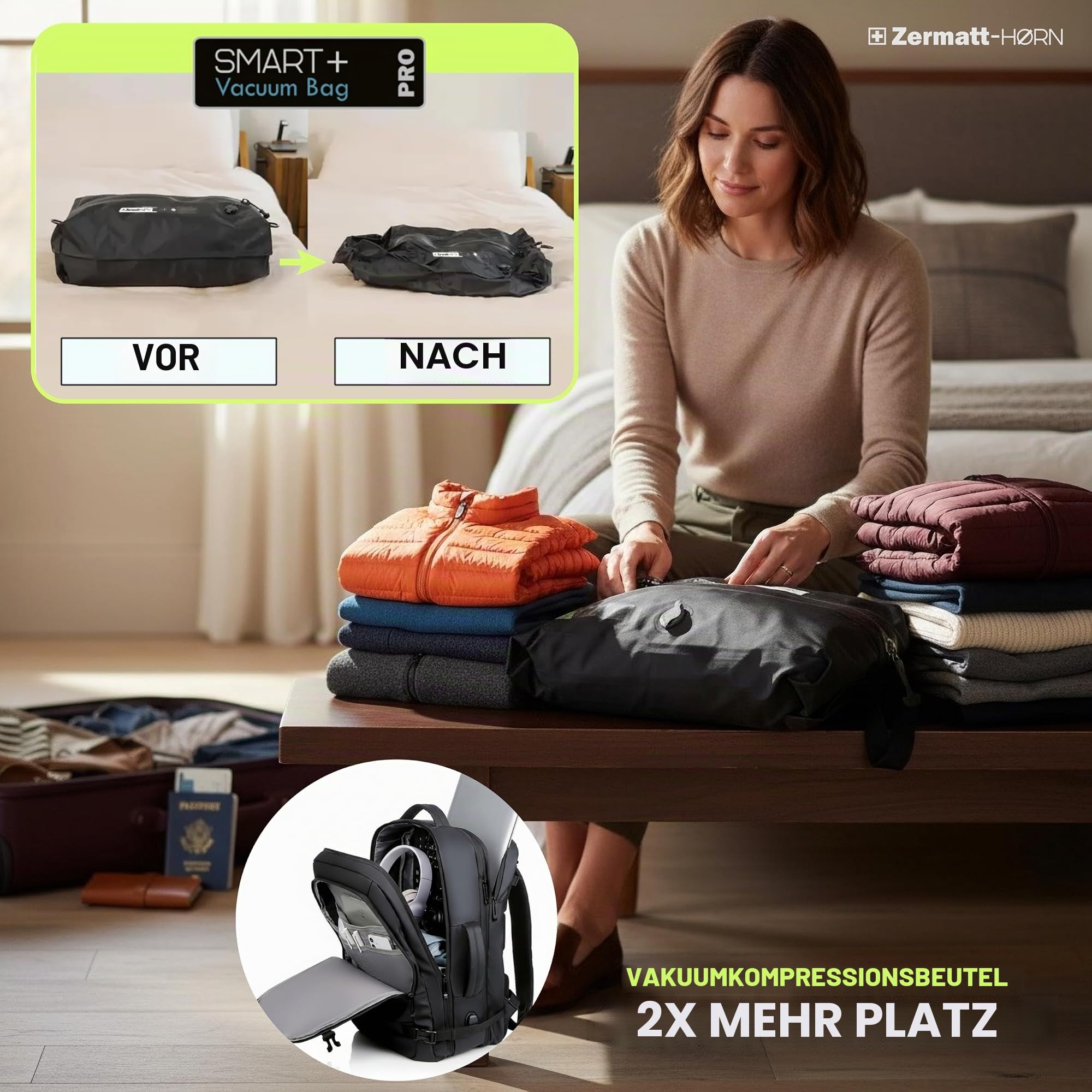 +ZERMATT-HORN Vakuum-Rucksack, ausziehbar, 25 l auf 30 l, Laptop von 38,1 cm bis 43,2 cm (15 Zoll) bis 43,2 cm (17 Zoll), Handgepäck-Rucksack, 40 x 30 x 20 cm, für Flug mit Ryanair, Vueling, Easyjet