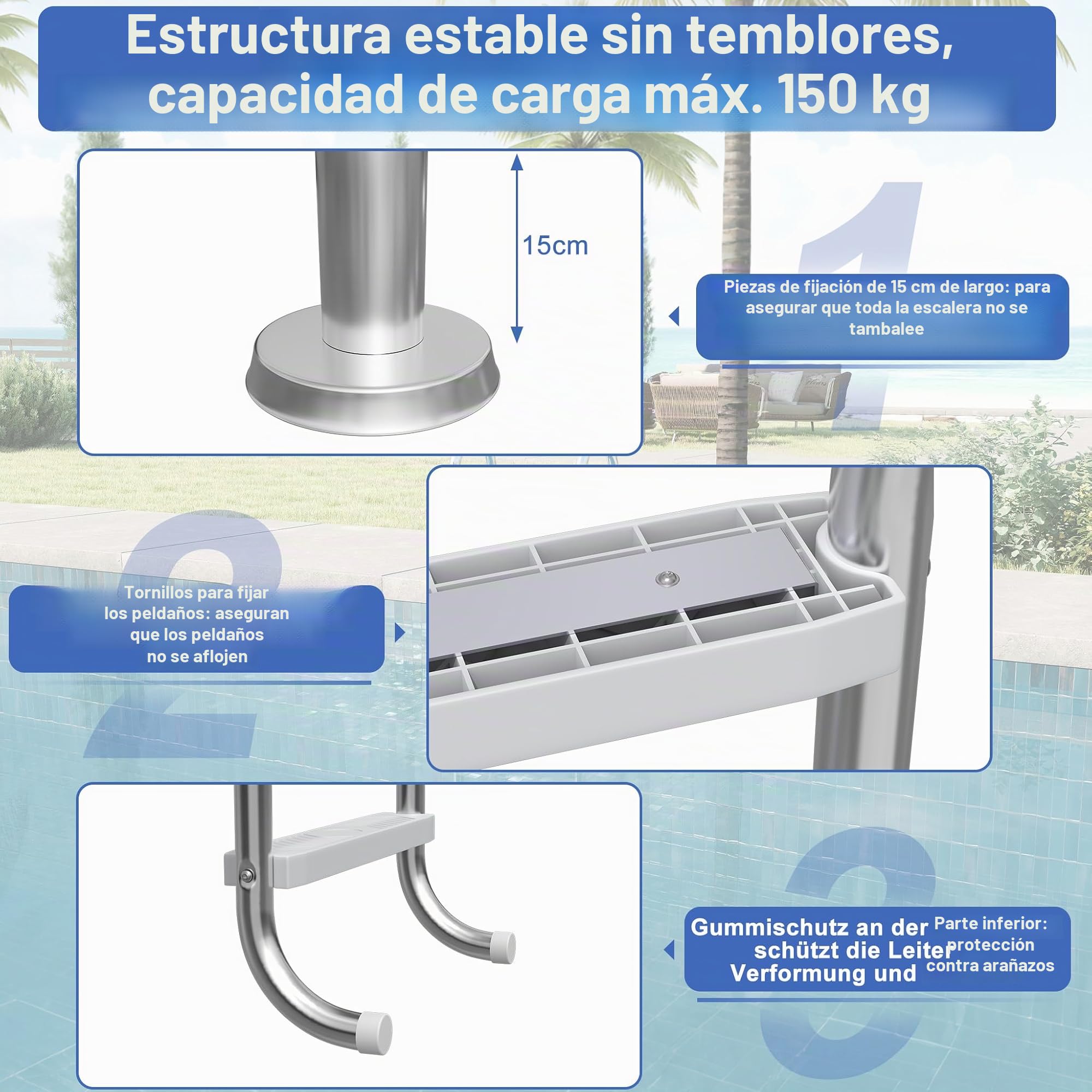 Froadp - Escalera de piscina de acero inoxidable con 4 peldaños antideslizantes, 157 x 54 x 26,5 cm, carga máxima: 150 kg, color plateado