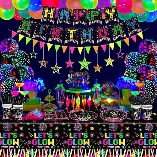 Miniatura 4 de 238 piezas de suministros de fiesta de neón que brillan en la oscuridad, decoraciones de fiesta de luz negra, juego de vajilla para fiesta, platos,