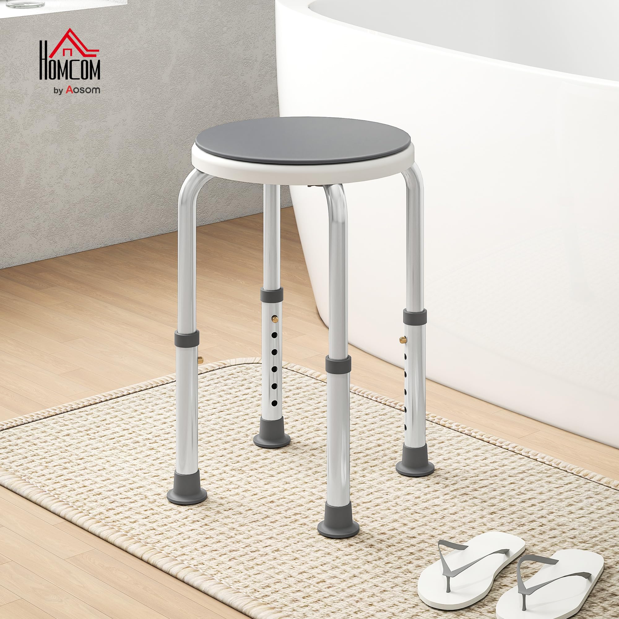 HOMCOM 360° Asiento Giratorio Taburete Ducha Altura Ajustable Gris | Silla de ducha, marco de aluminio, pies antideslizantes, soporte seguro, asistencia en el hogar