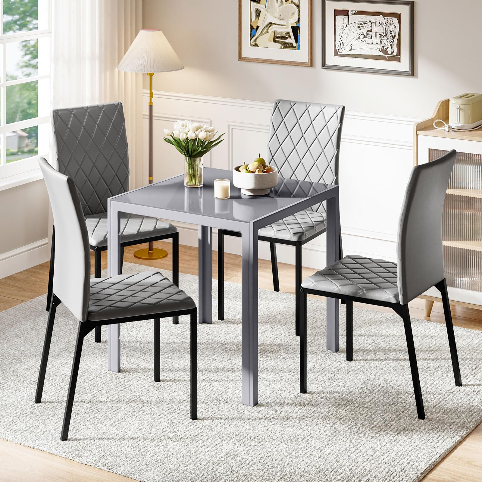 JEFFORDOUTLET Dining Table and Chairs Set 4, Square Kitchen Dining Room Set Kitchen Table with 4 Chairs, Space Saving for Small Space Apartment, Dining Room, Kitchen, Grey Table with 4 Chairs