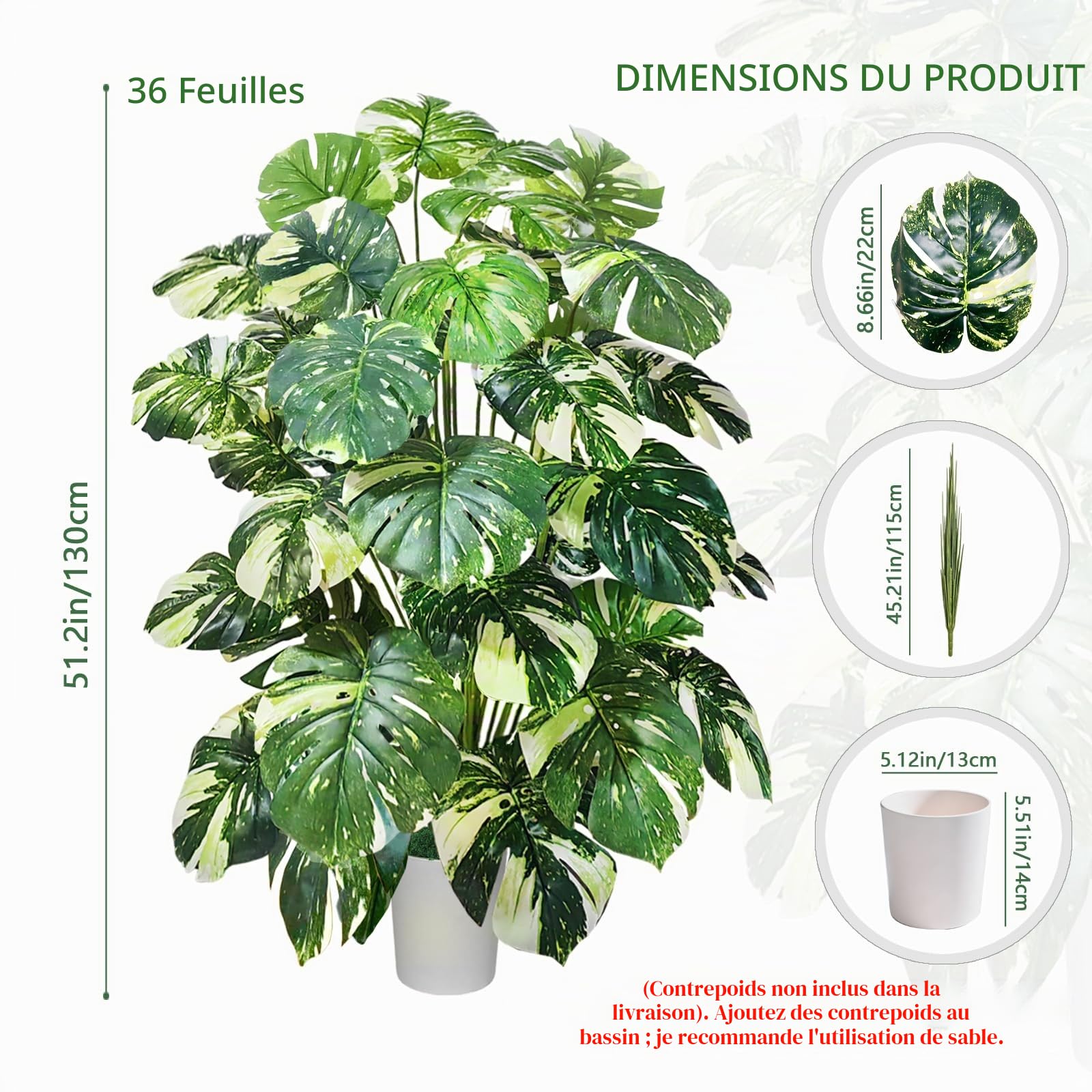 Monstera panaché Artificiel, 130 cm, 36 Feuilles, Fausse Plante | Grande Plante Artificielle Tropicale Sans Entretien, Déco Intérieure Extérieure : Salon, Balcon, Bureaux, Espaces Commerciaux