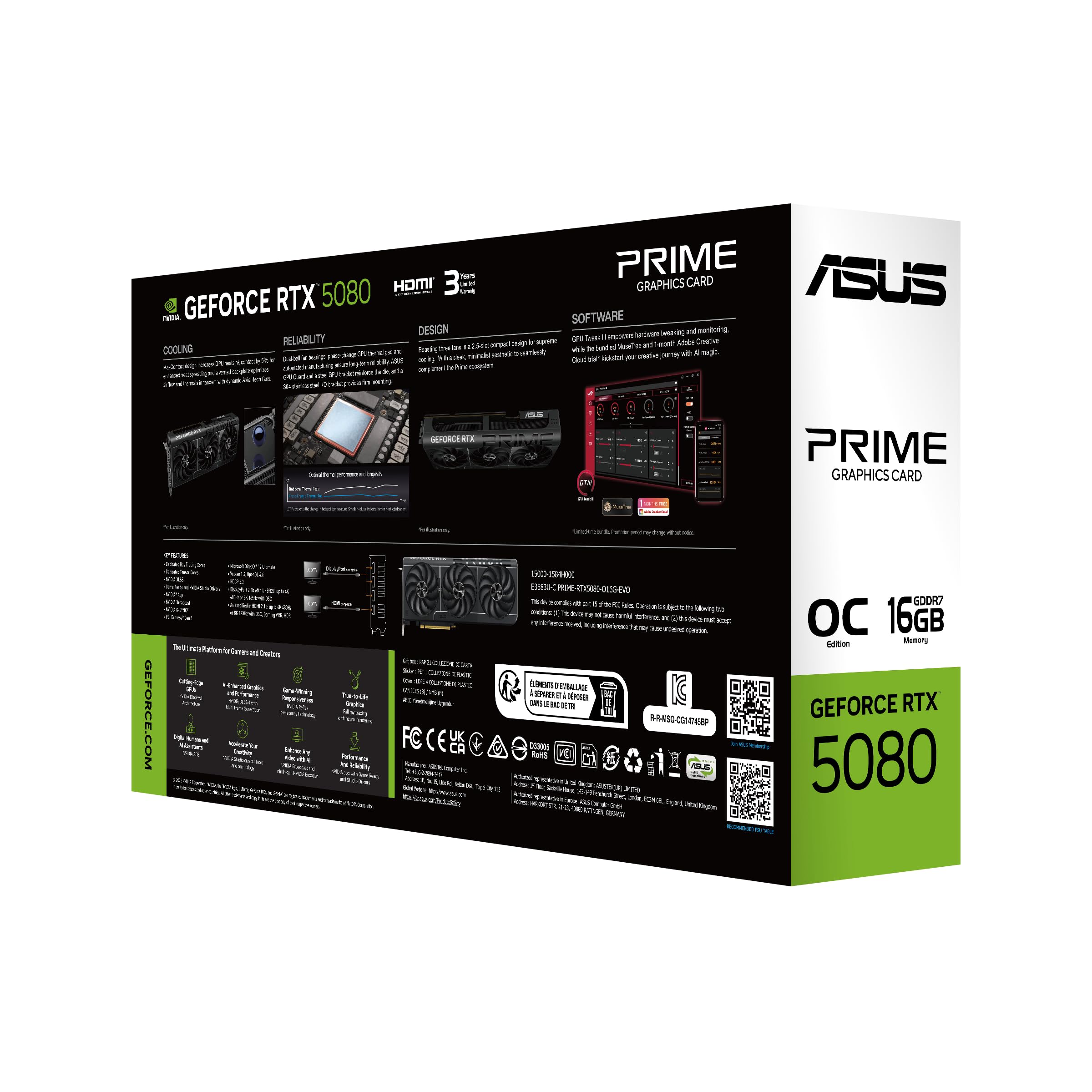 ASUS Tarjeta gráfica Prime NVIDIA GeForce RTX™ 5080 EVO de 16 GB GDDR7 OC Edition (PCIe® 5.0, HDMI®/DP 2.1, 2.5 Ranuras, Ventiladores Axial-Tech, BIOS duales)