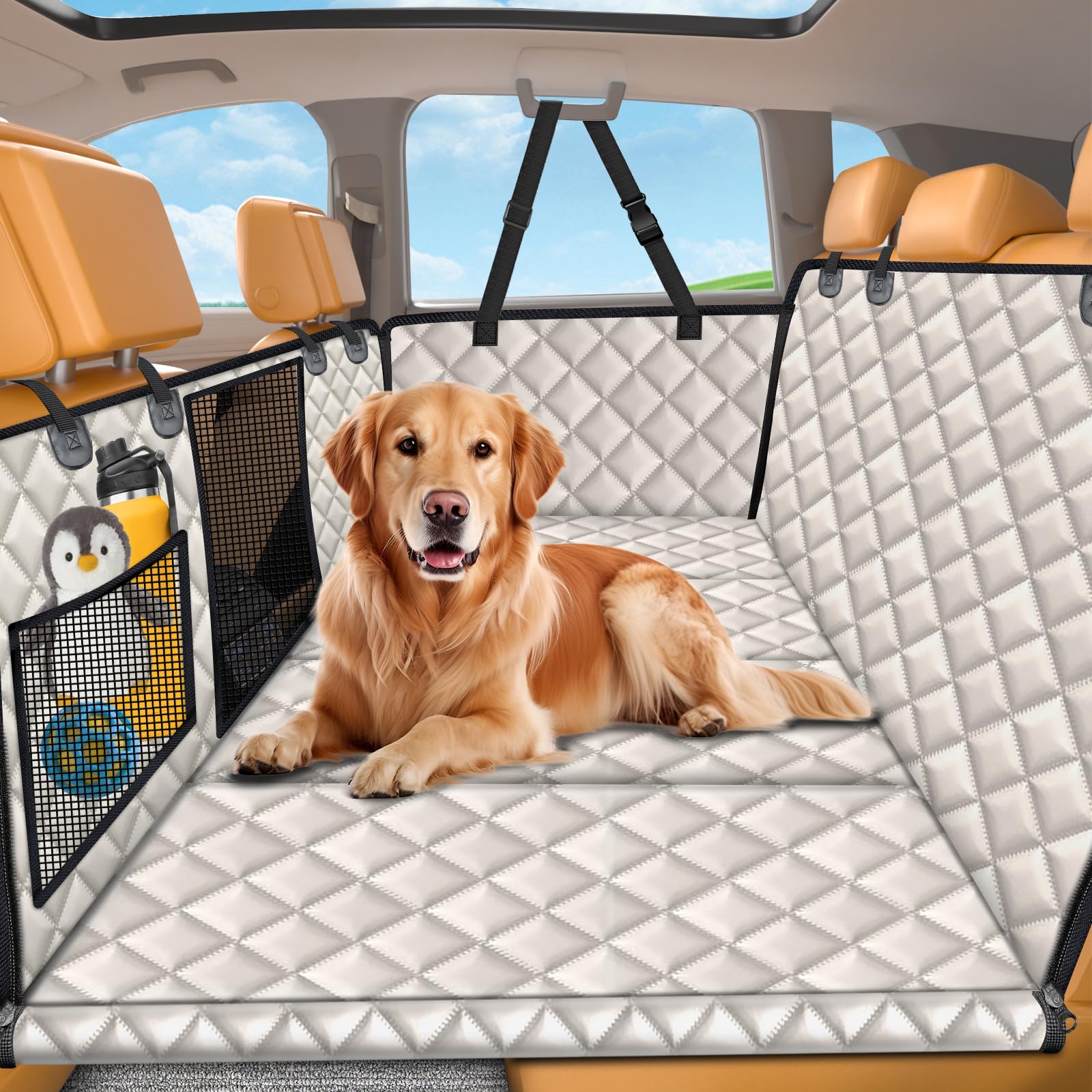 URPOWER Backseat Extender for Dogs - Hard Bottom Dog Car Seat Cover for Back Seat, Dog Hammock for Car and SUV, Pet Rear Seat Protector Dogs Travel Bed with Mesh Window & Side Flaps