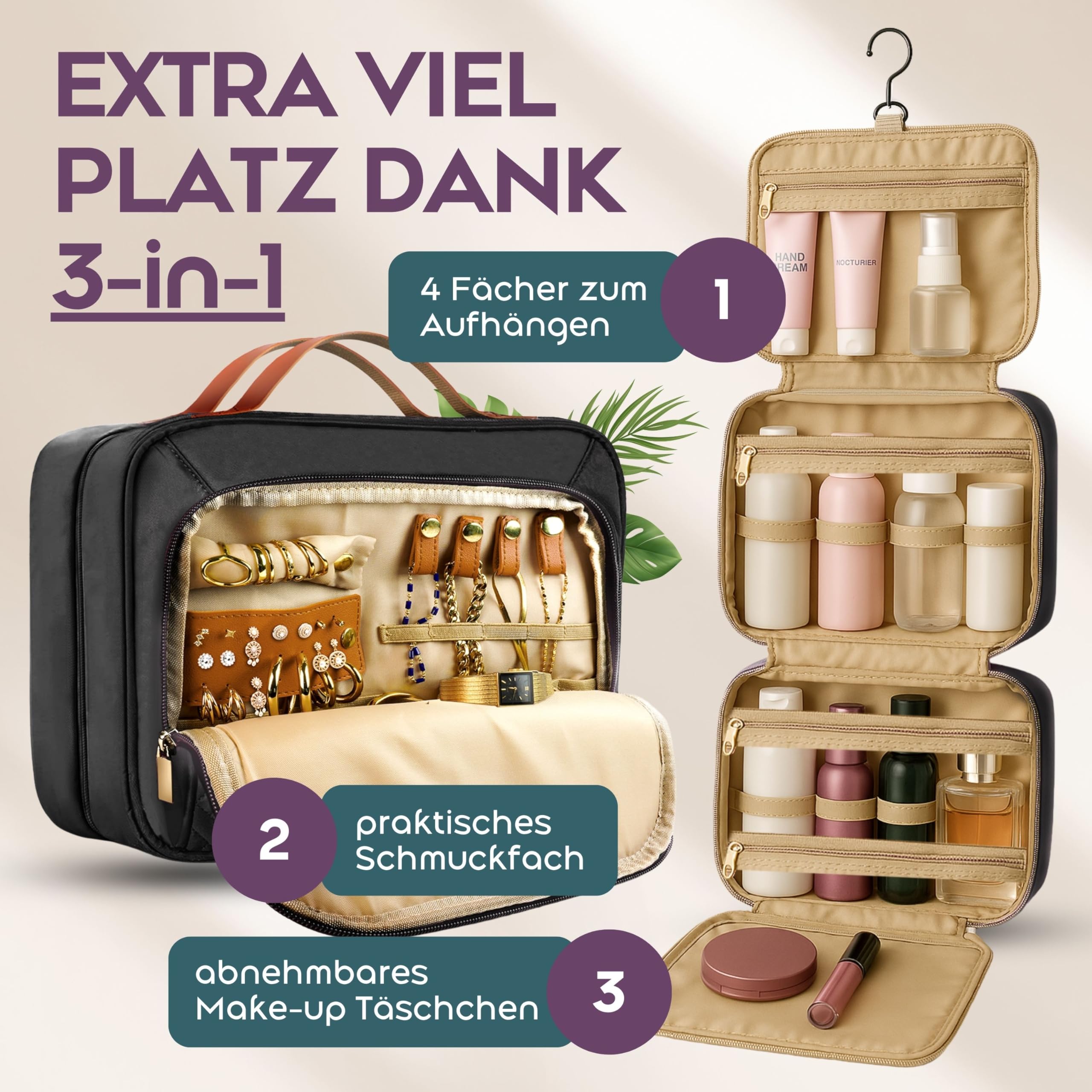 Neceser grande para mujer, 3 en 1, con 4 compartimentos, compartimento para joyas y neceser de maquillaje, práctico neceser para viajes y orden, Negro , Neceser colgante para mujer, 4 compartimentos