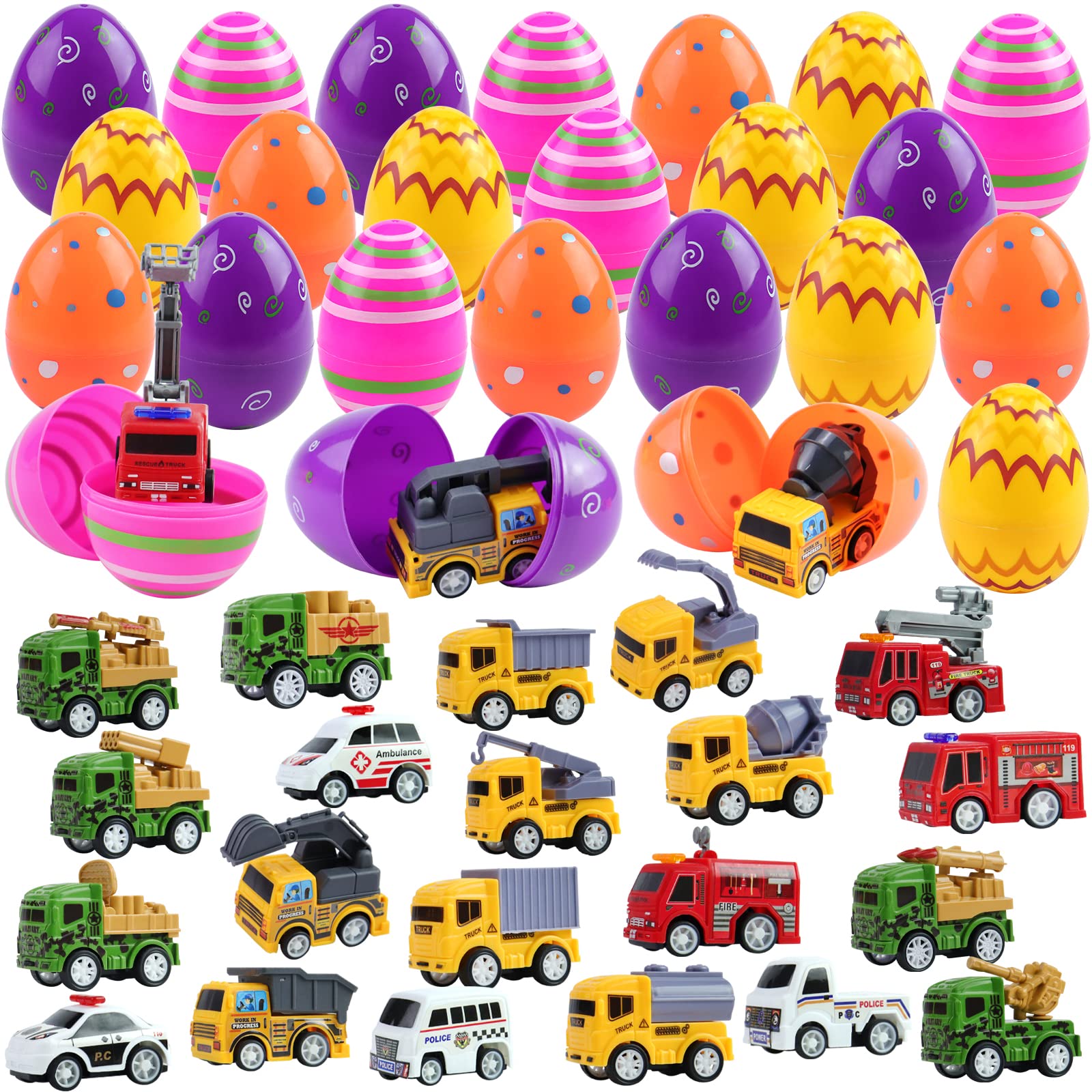 Motiloo24 Pcs Filled Easter Eggs with Mini Pull Back Construction Cars, Pull Back Cars Prefilled Easter Eggs, Easter Basket Stuffers for Toddlers, Kids ​Easter Egg Hunt and Classroom Prize Supplies