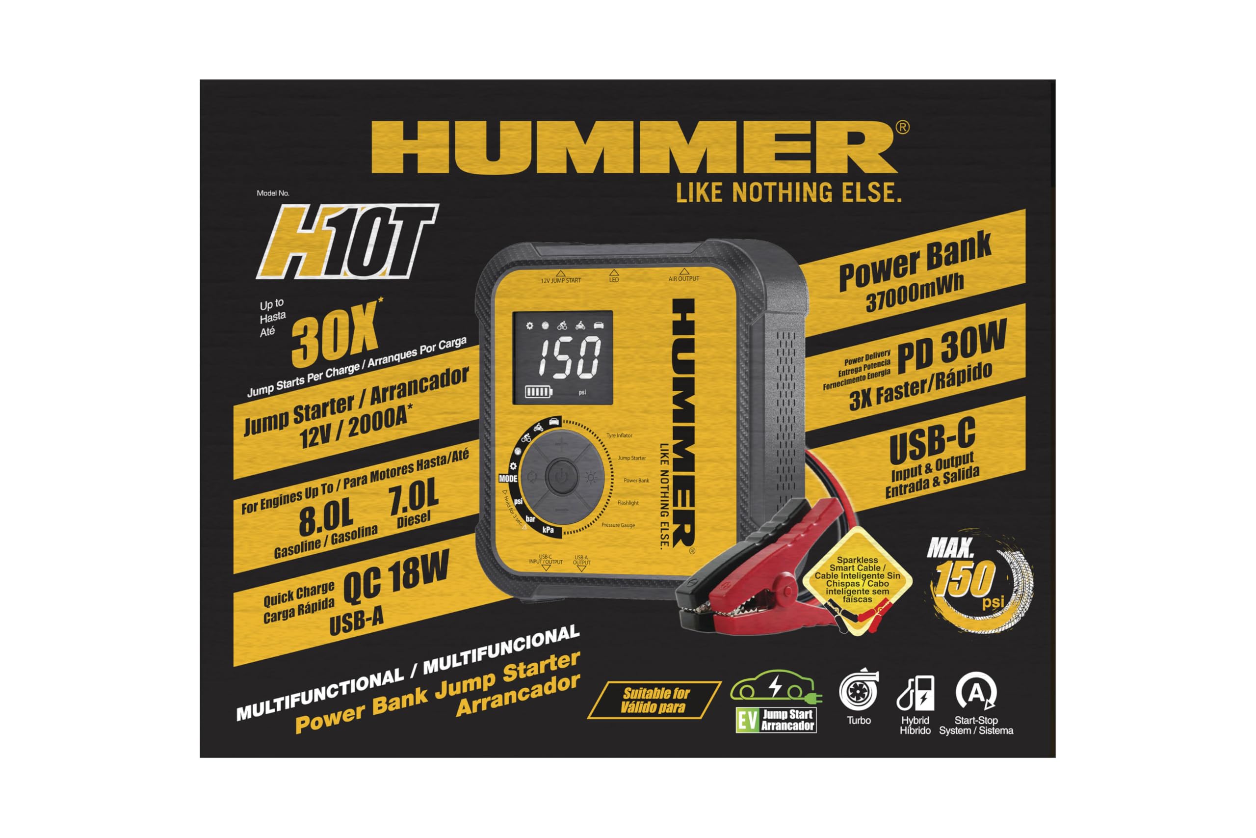 Hummer H10T Arrancador Multifuncional 10000mAh con Compresor 150 PSI, Jump Starter 2000A para Motores Gasolina 8.0L y Diésel 7.0L, Inflador Inalámbrico, Power Bank USB-C PD 30W y USB-A QC 18W